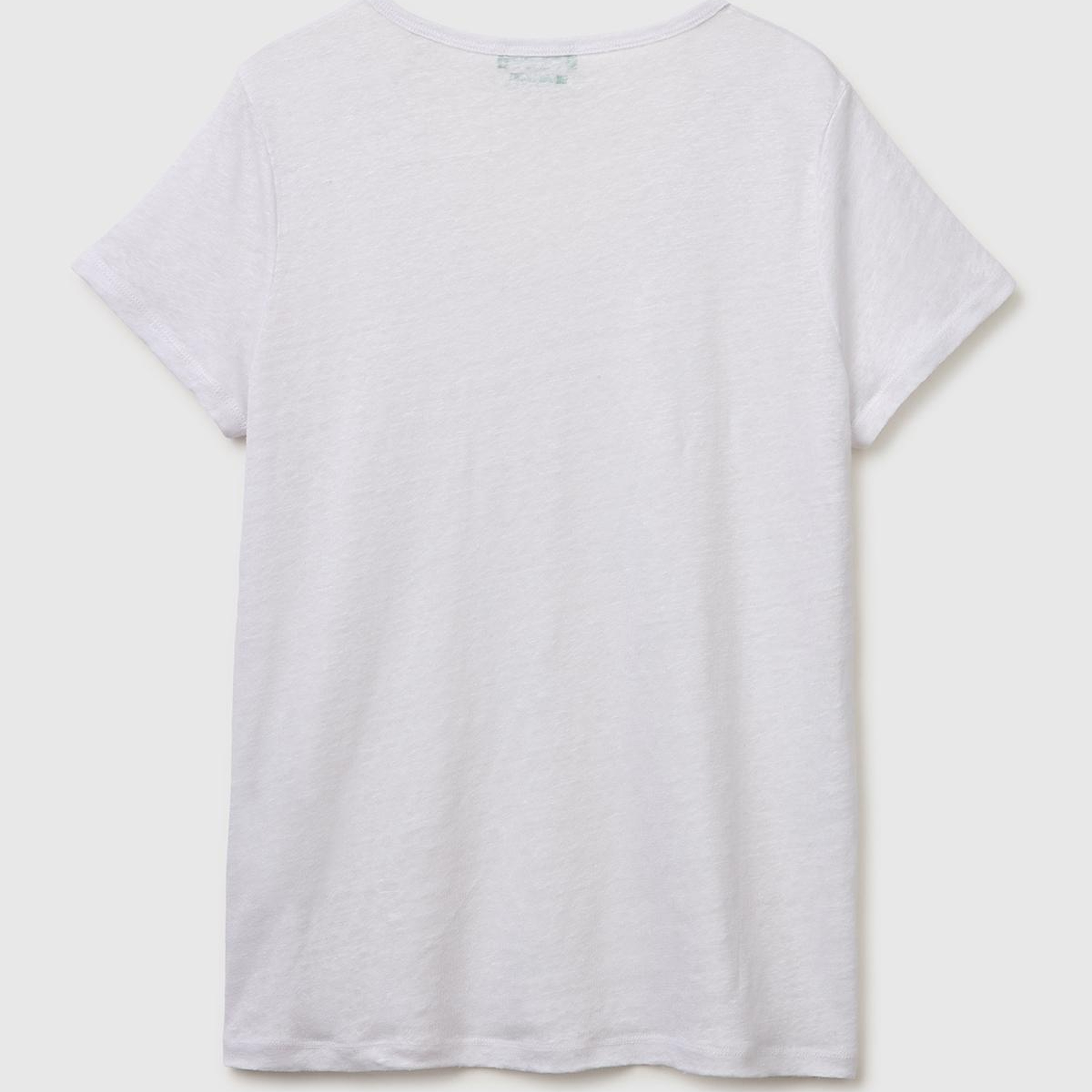 Kadın Beyaz %100 Keten Geniş Yaka Kısa Kollu T-Shirt