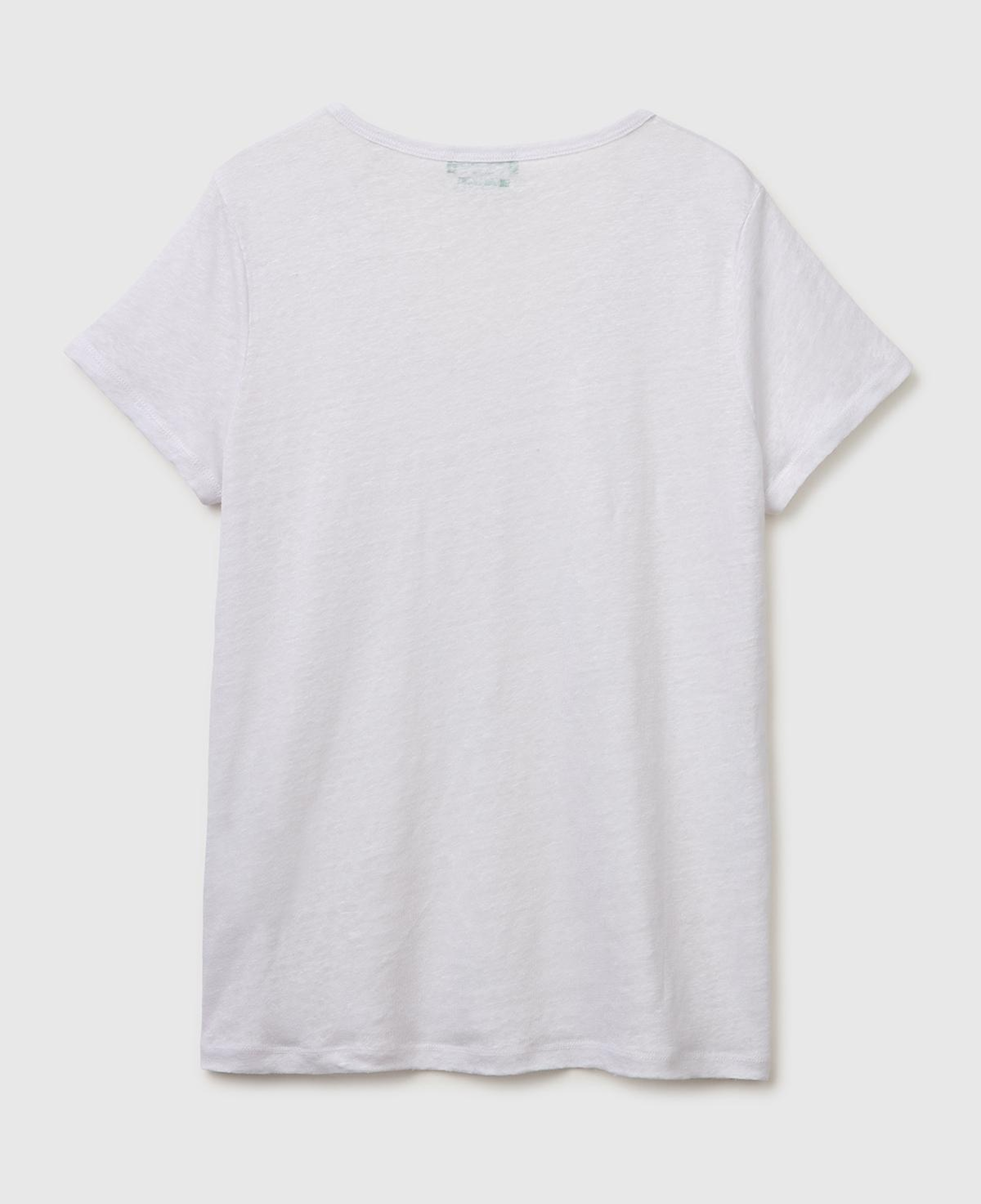 Kadın Beyaz %100 Keten Geniş Yaka Kısa Kollu T-Shirt