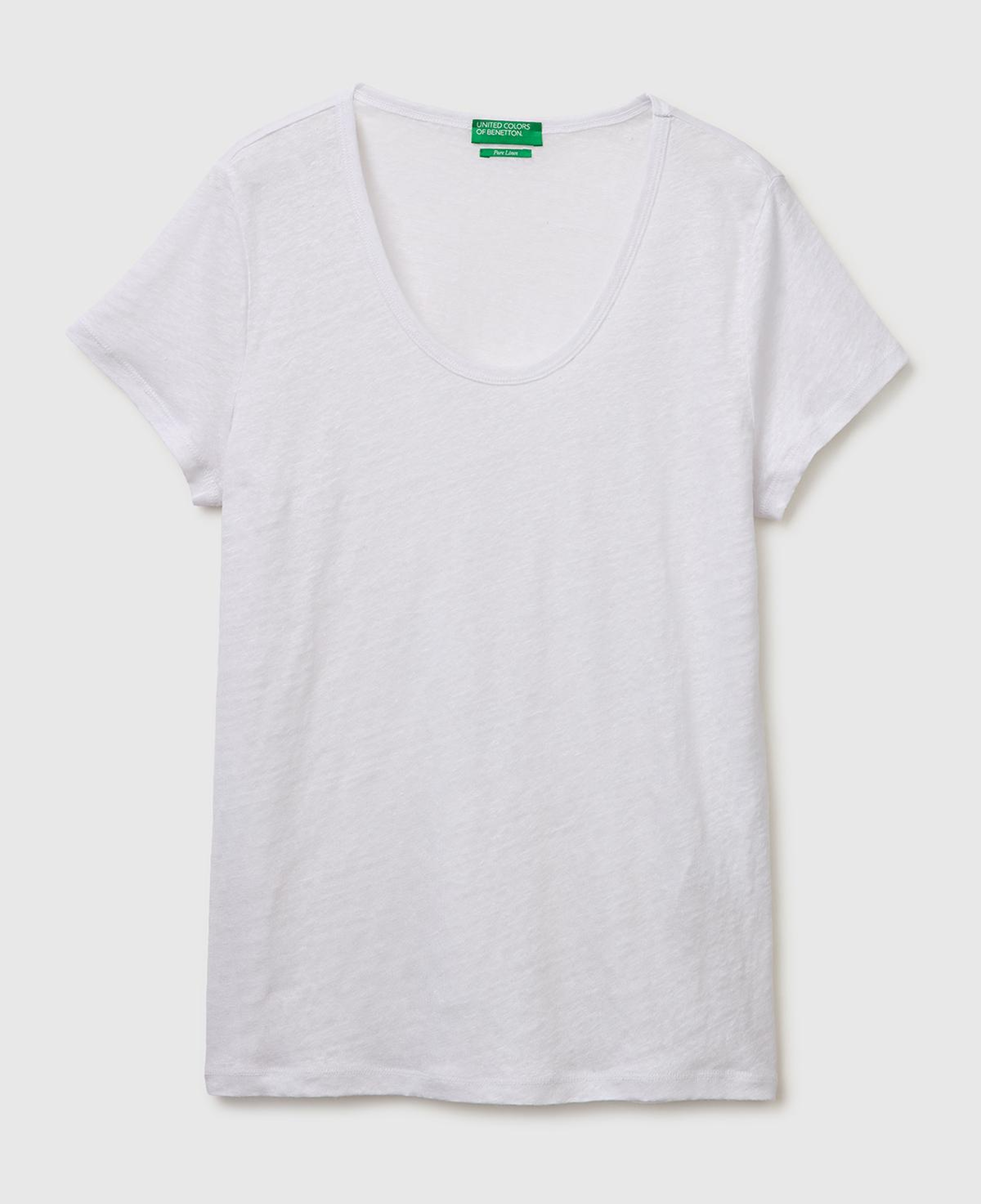 Kadın Beyaz %100 Keten Geniş Yaka Kısa Kollu T-Shirt