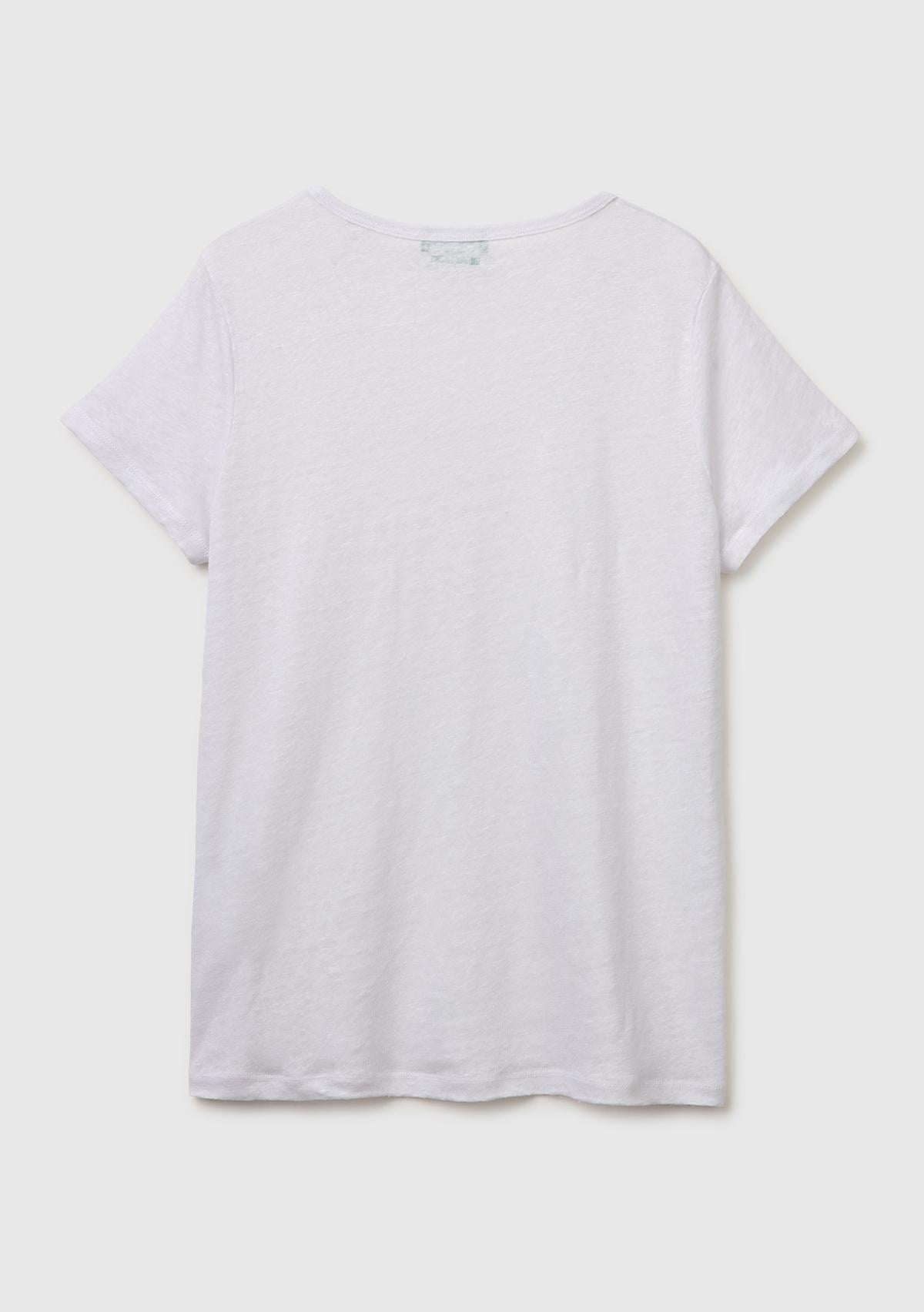 Kadın Beyaz %100 Keten Geniş Yaka Kısa Kollu T-Shirt