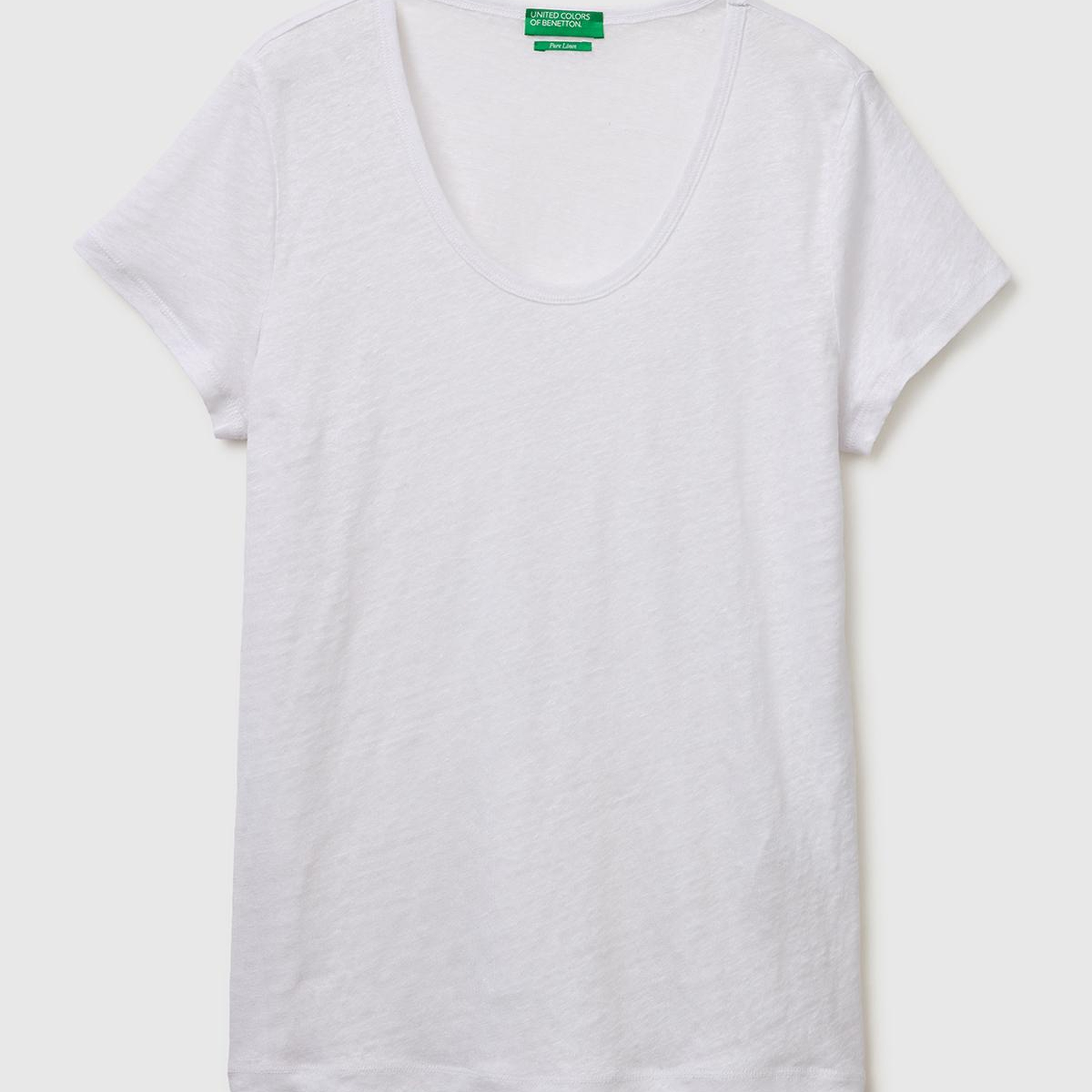 Kadın Beyaz %100 Keten Geniş Yaka Kısa Kollu T-Shirt