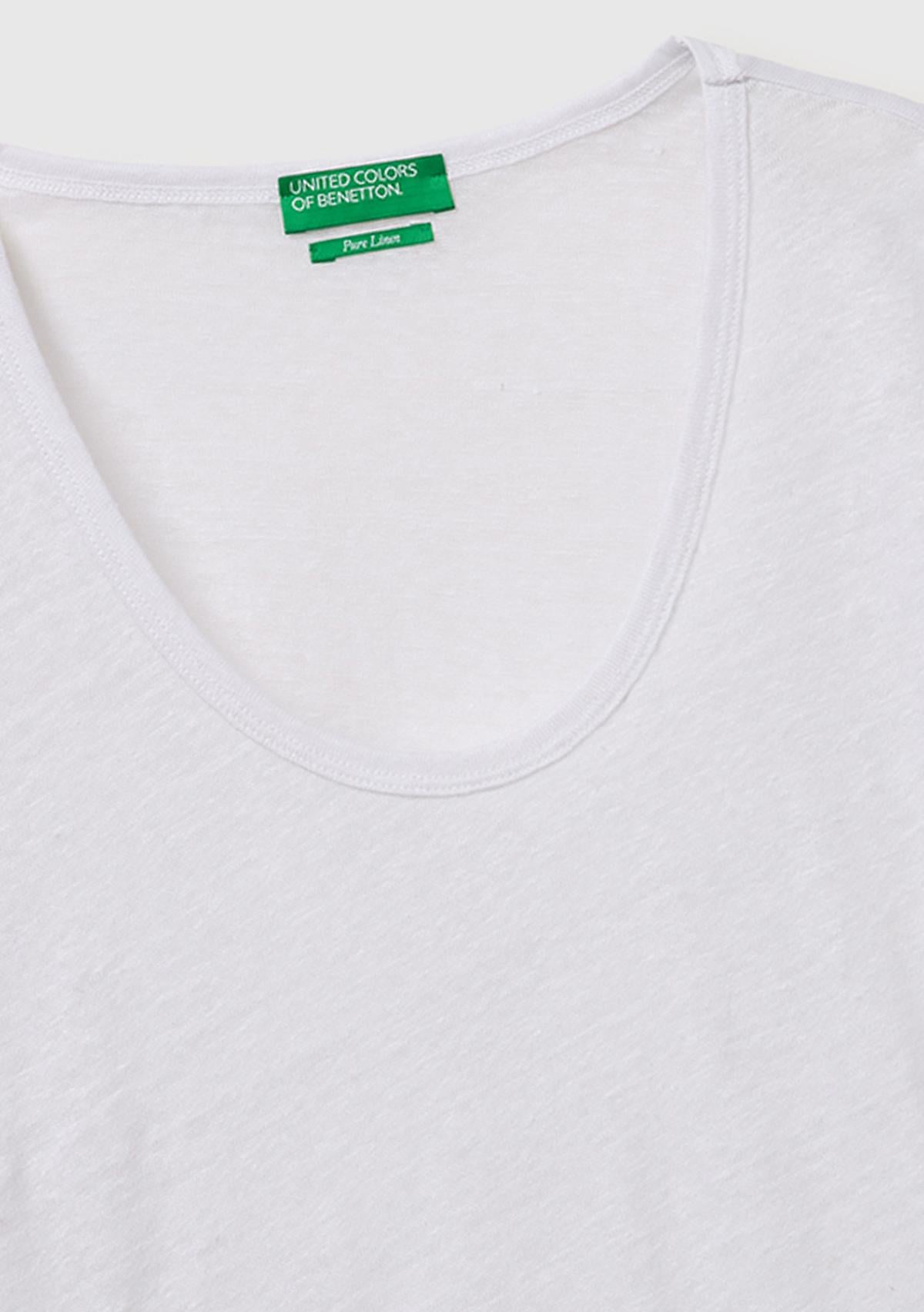 Kadın Beyaz %100 Keten Geniş Yaka Kısa Kollu T-Shirt