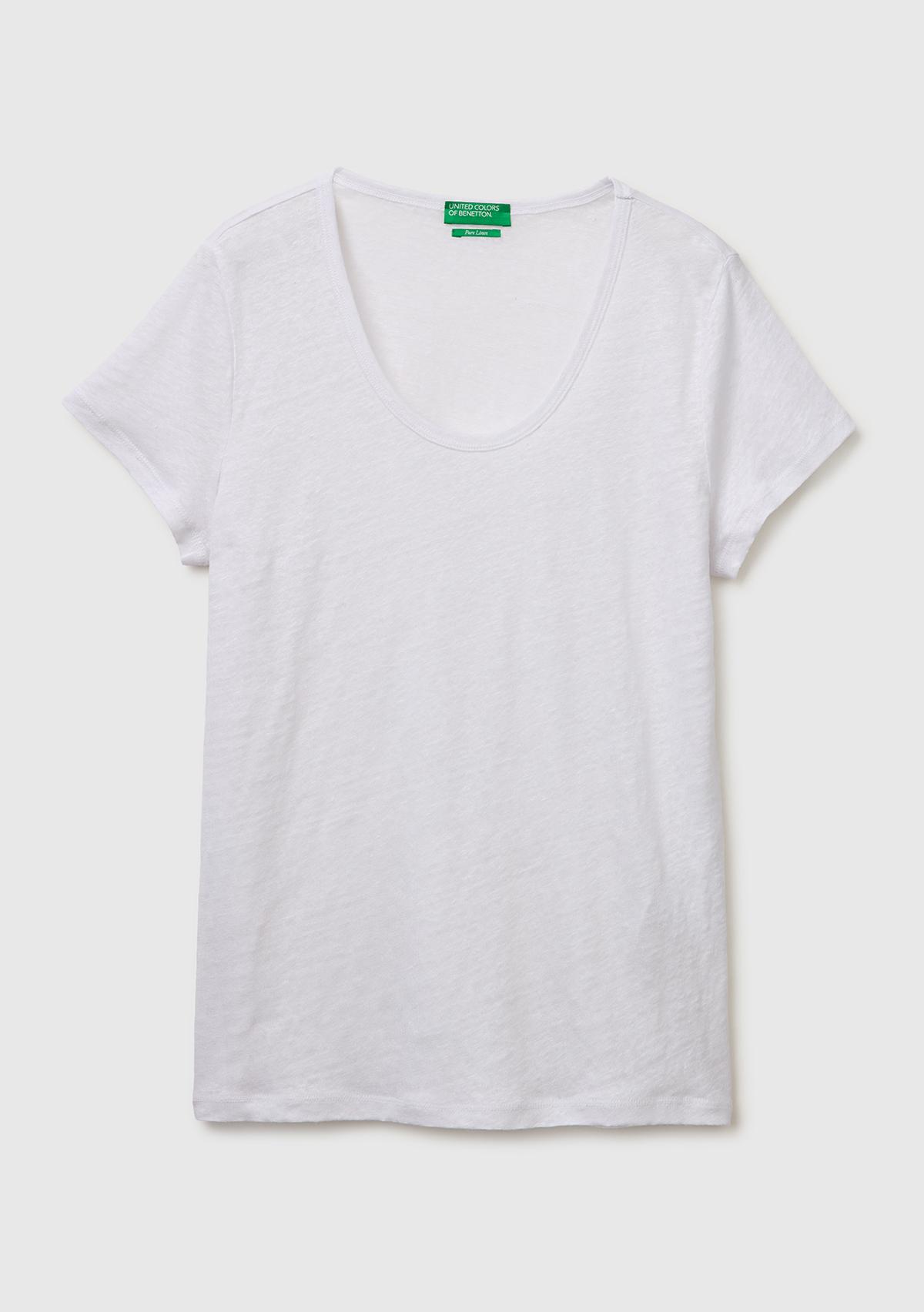 Kadın Beyaz %100 Keten Geniş Yaka Kısa Kollu T-Shirt