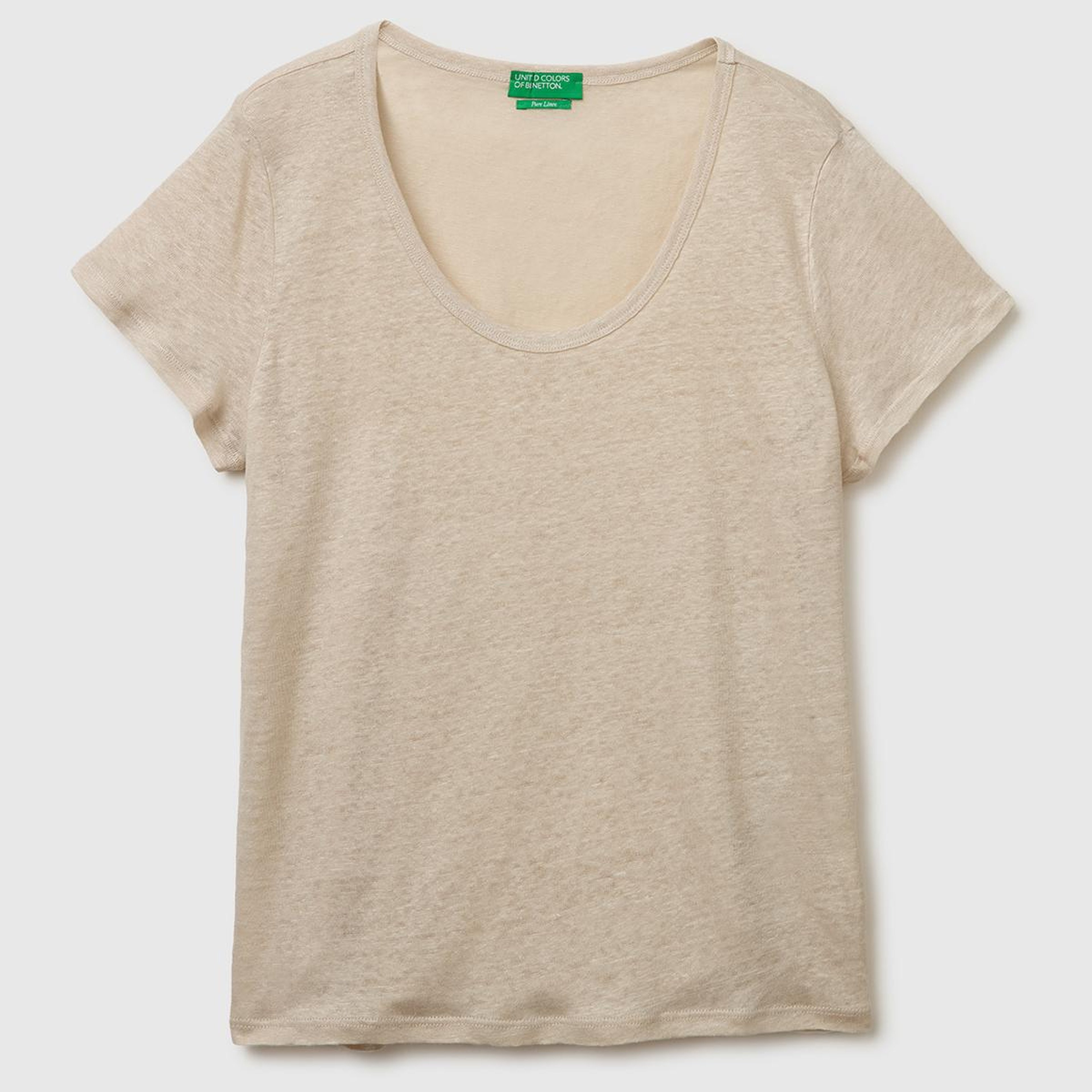 Kadın Taş %100 Keten Geniş Yaka Kısa Kollu T-Shirt