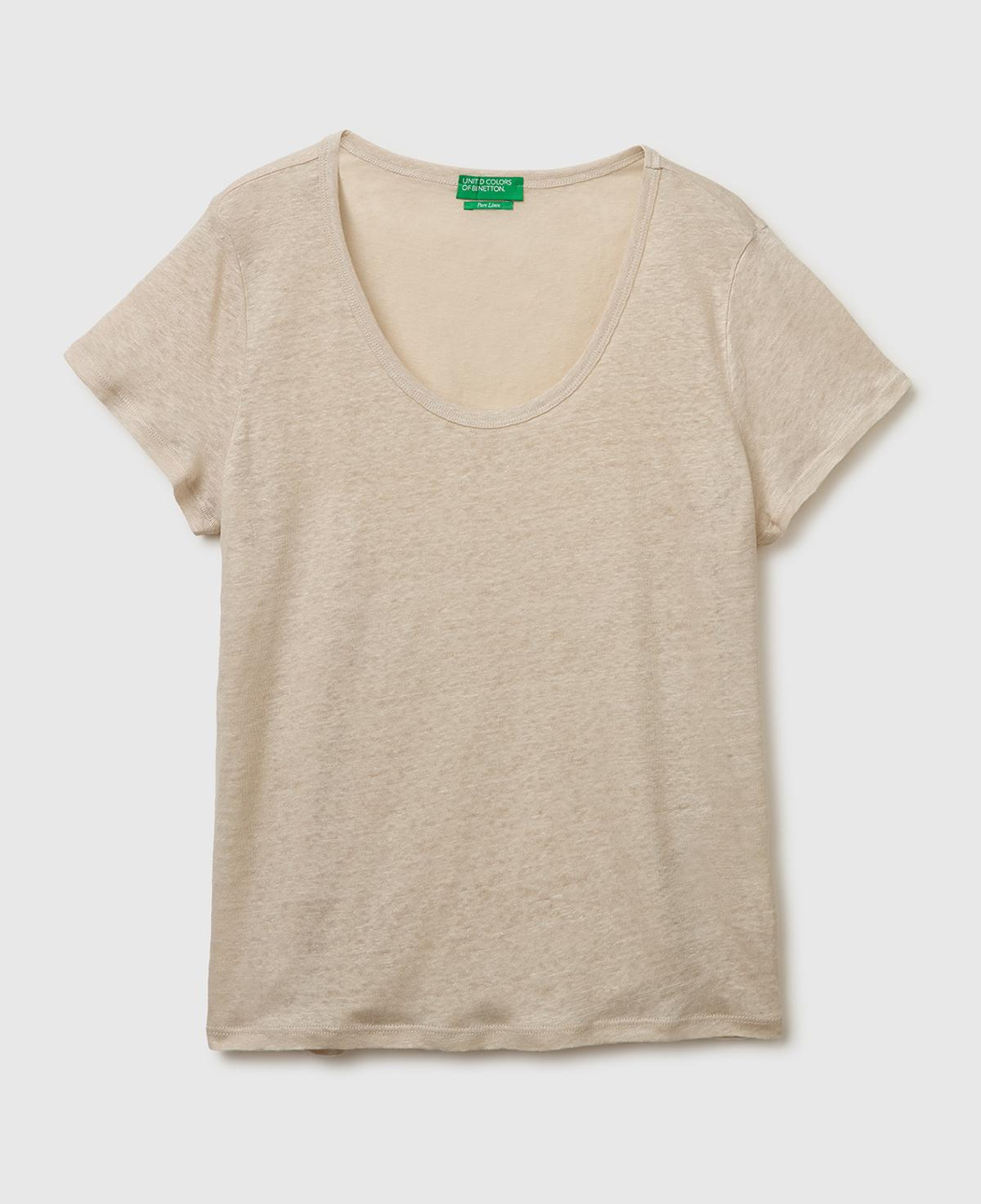 Kadın Taş %100 Keten Geniş Yaka Kısa Kollu T-Shirt