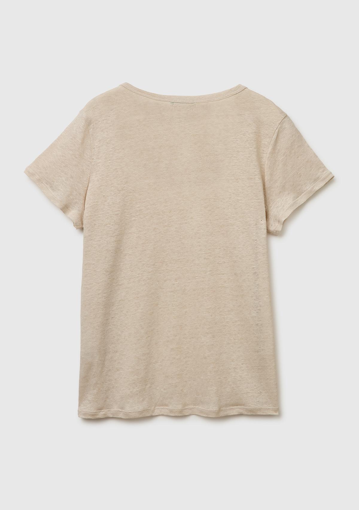 Kadın Taş %100 Keten Geniş Yaka Kısa Kollu T-Shirt