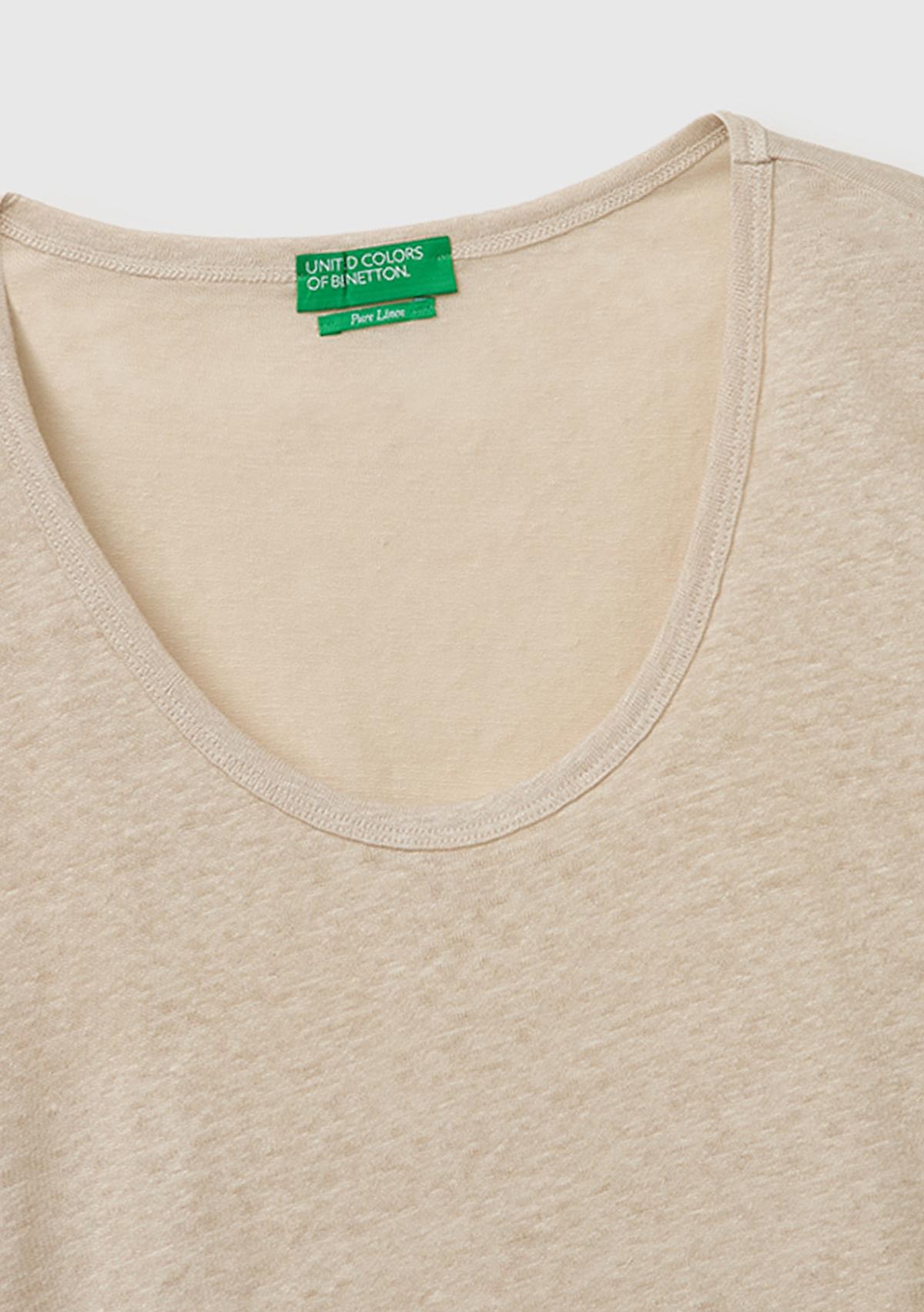 Kadın Taş %100 Keten Geniş Yaka Kısa Kollu T-Shirt