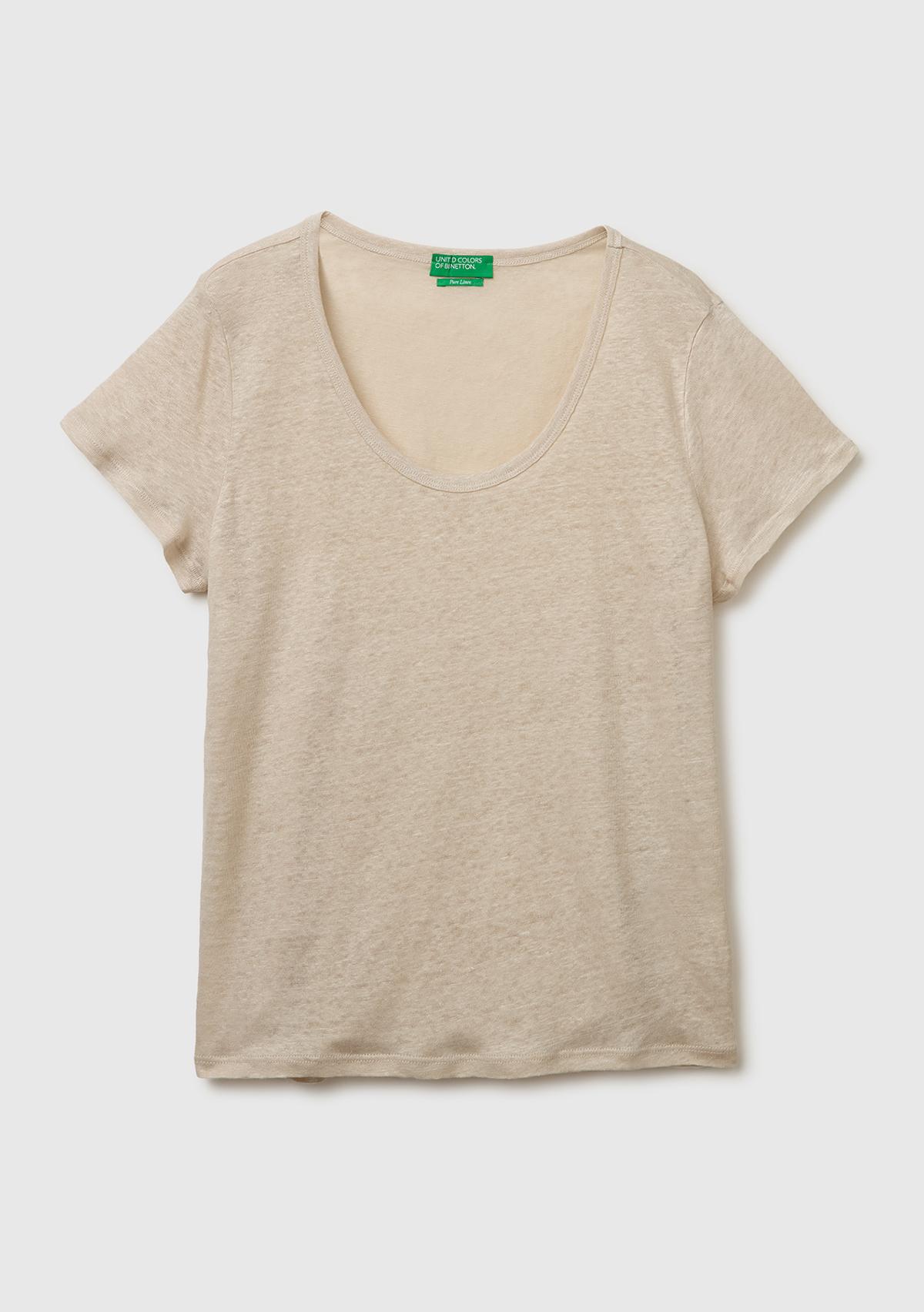 Kadın Taş %100 Keten Geniş Yaka Kısa Kollu T-Shirt