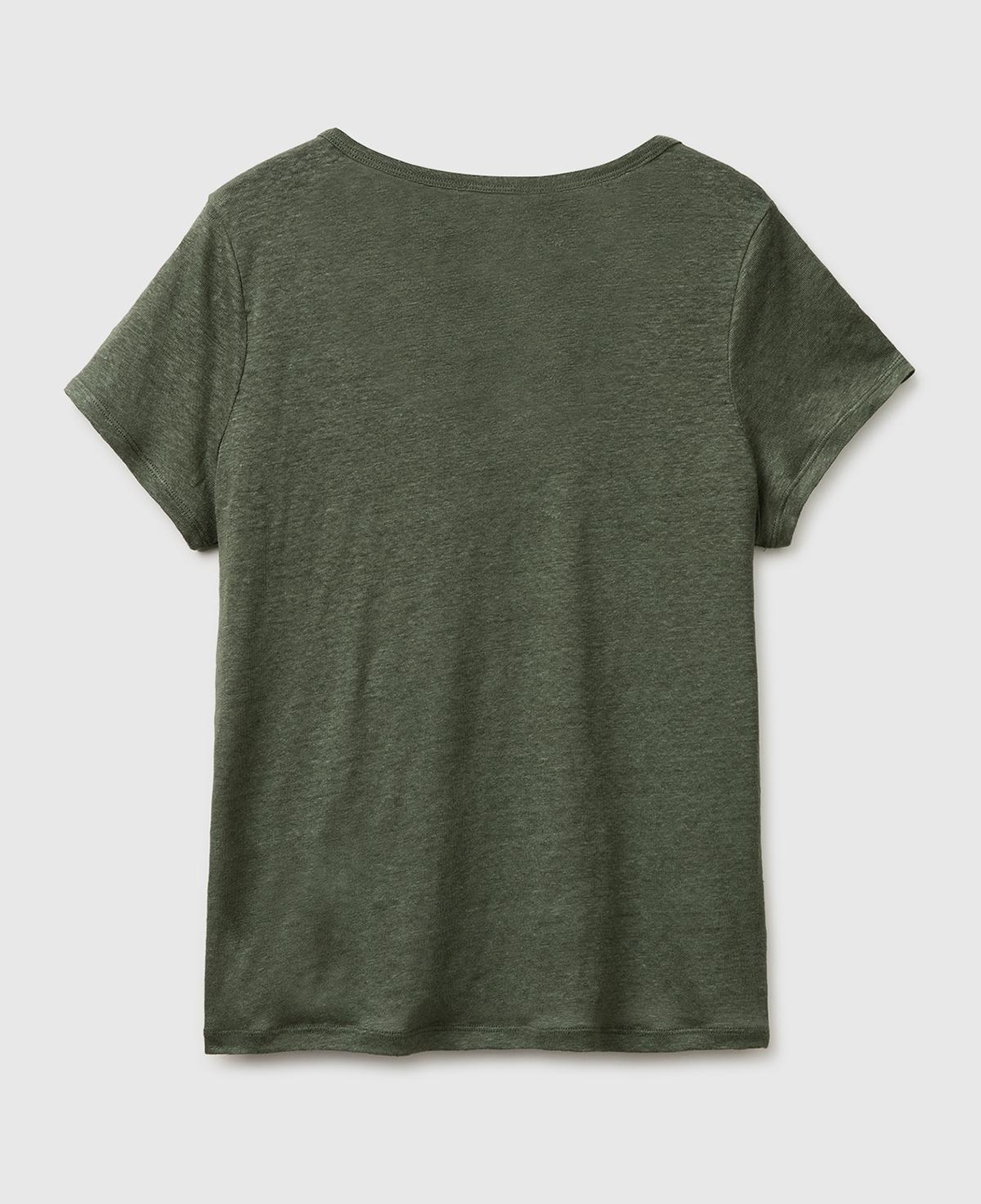 Kadın Haki %100 Keten Geniş Yaka Kısa Kollu T-Shirt