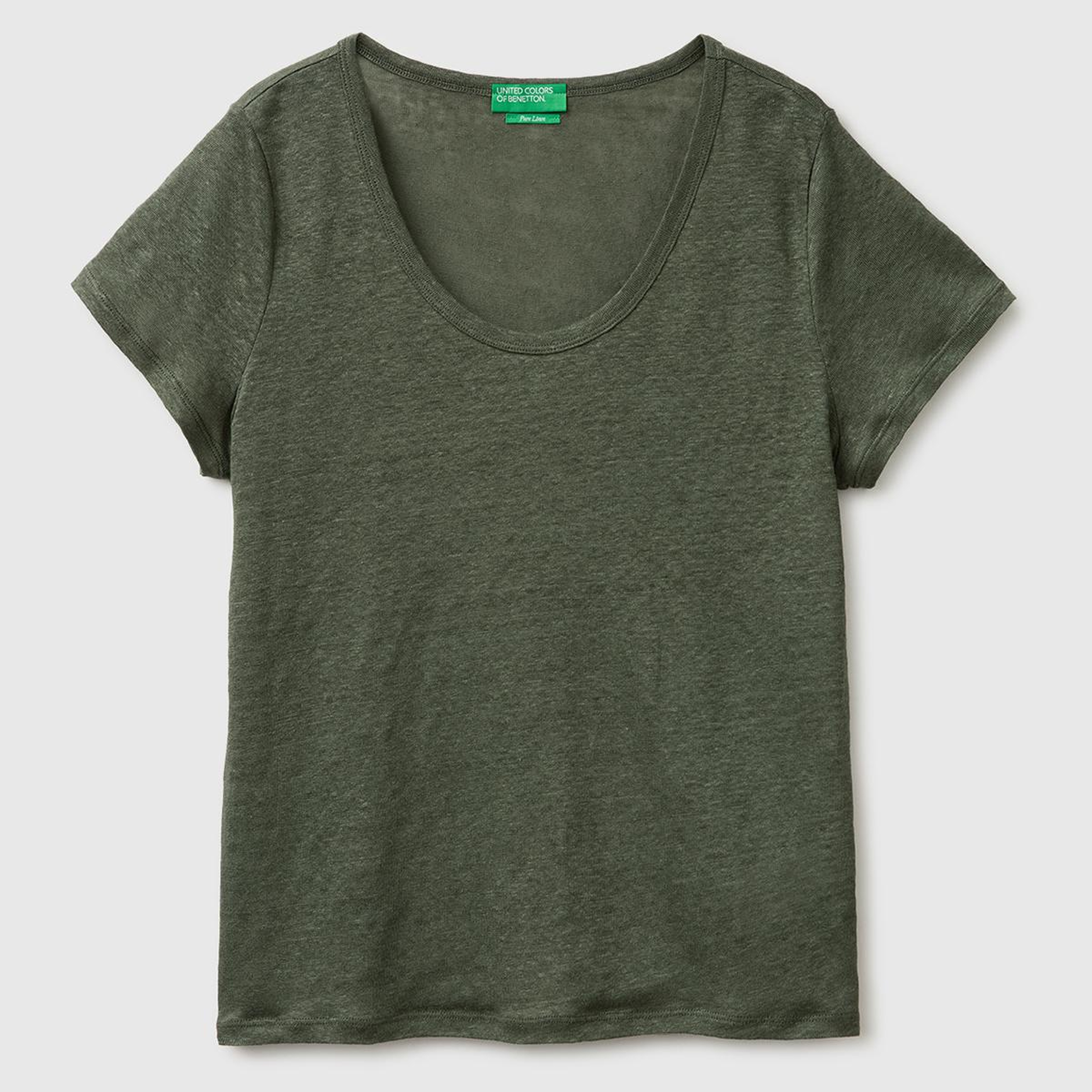 Kadın Haki %100 Keten Geniş Yaka Kısa Kollu T-Shirt