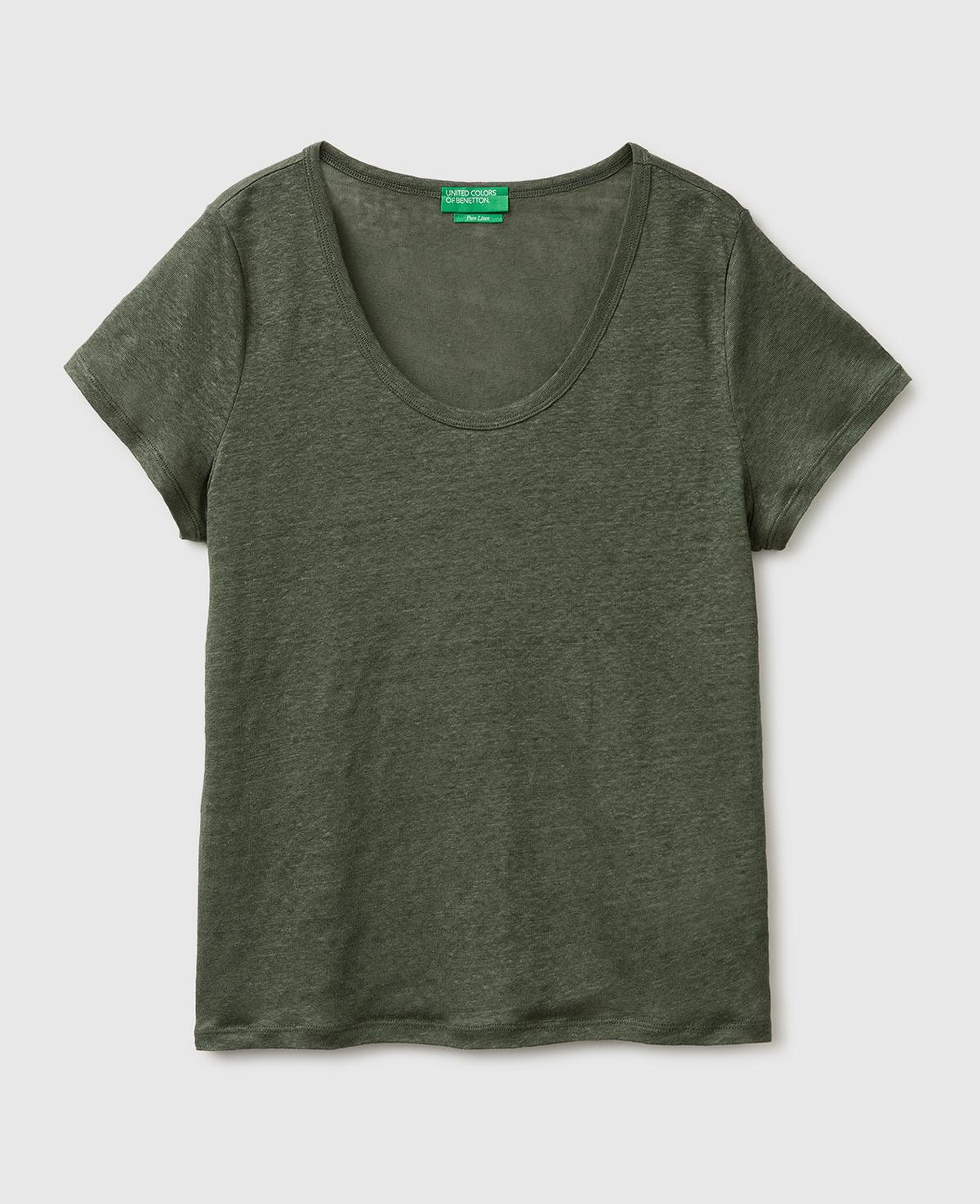Kadın Haki %100 Keten Geniş Yaka Kısa Kollu T-Shirt