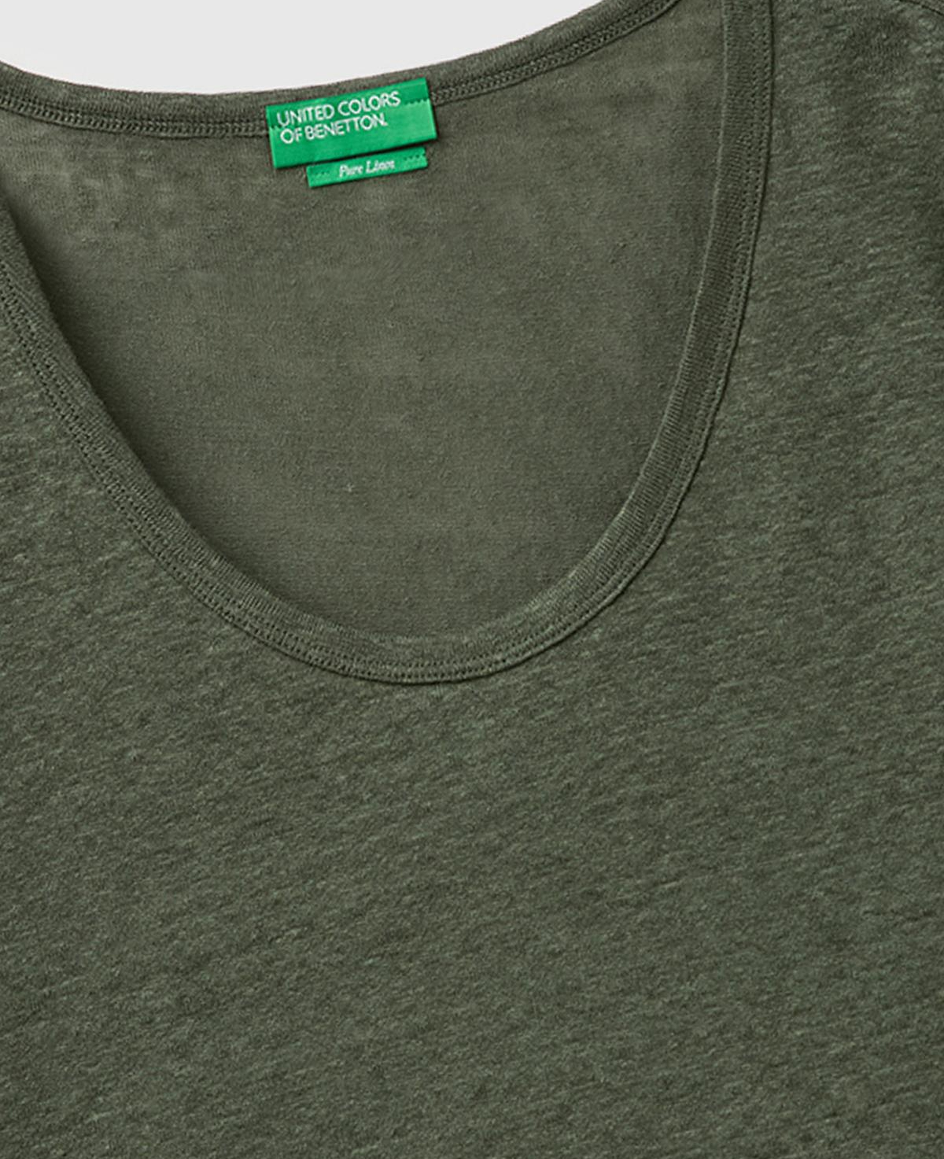Kadın Haki %100 Keten Geniş Yaka Kısa Kollu T-Shirt