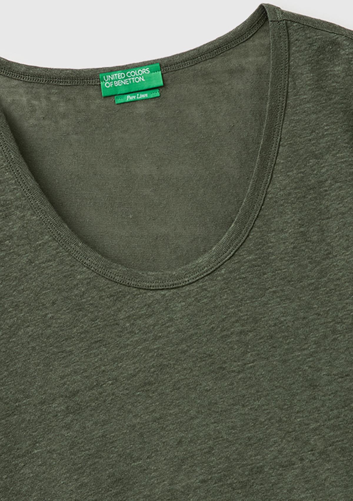 Kadın Haki %100 Keten Geniş Yaka Kısa Kollu T-Shirt