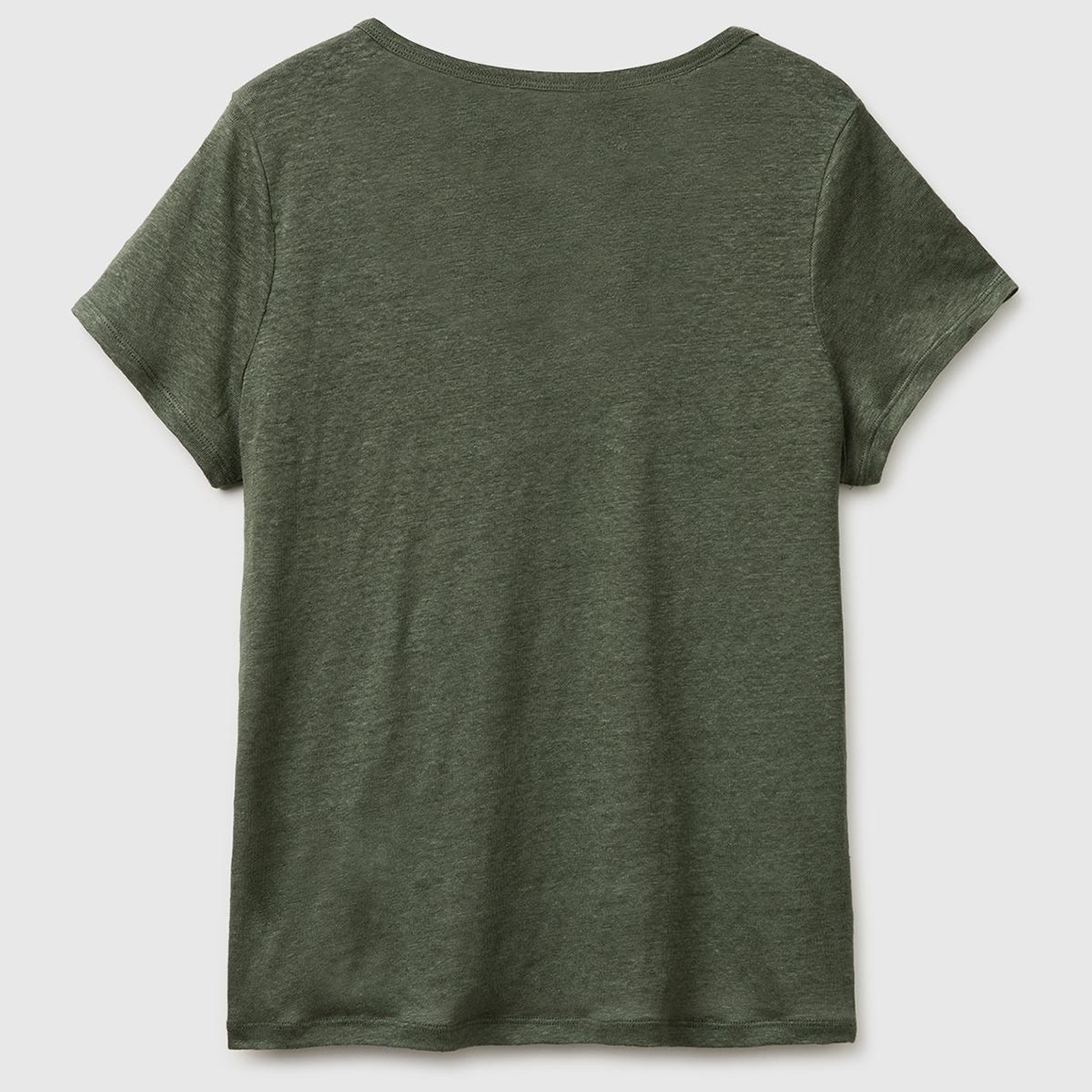 Kadın Haki %100 Keten Geniş Yaka Kısa Kollu T-Shirt