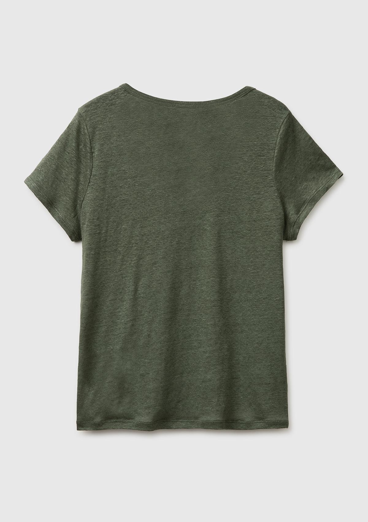 Kadın Haki %100 Keten Geniş Yaka Kısa Kollu T-Shirt