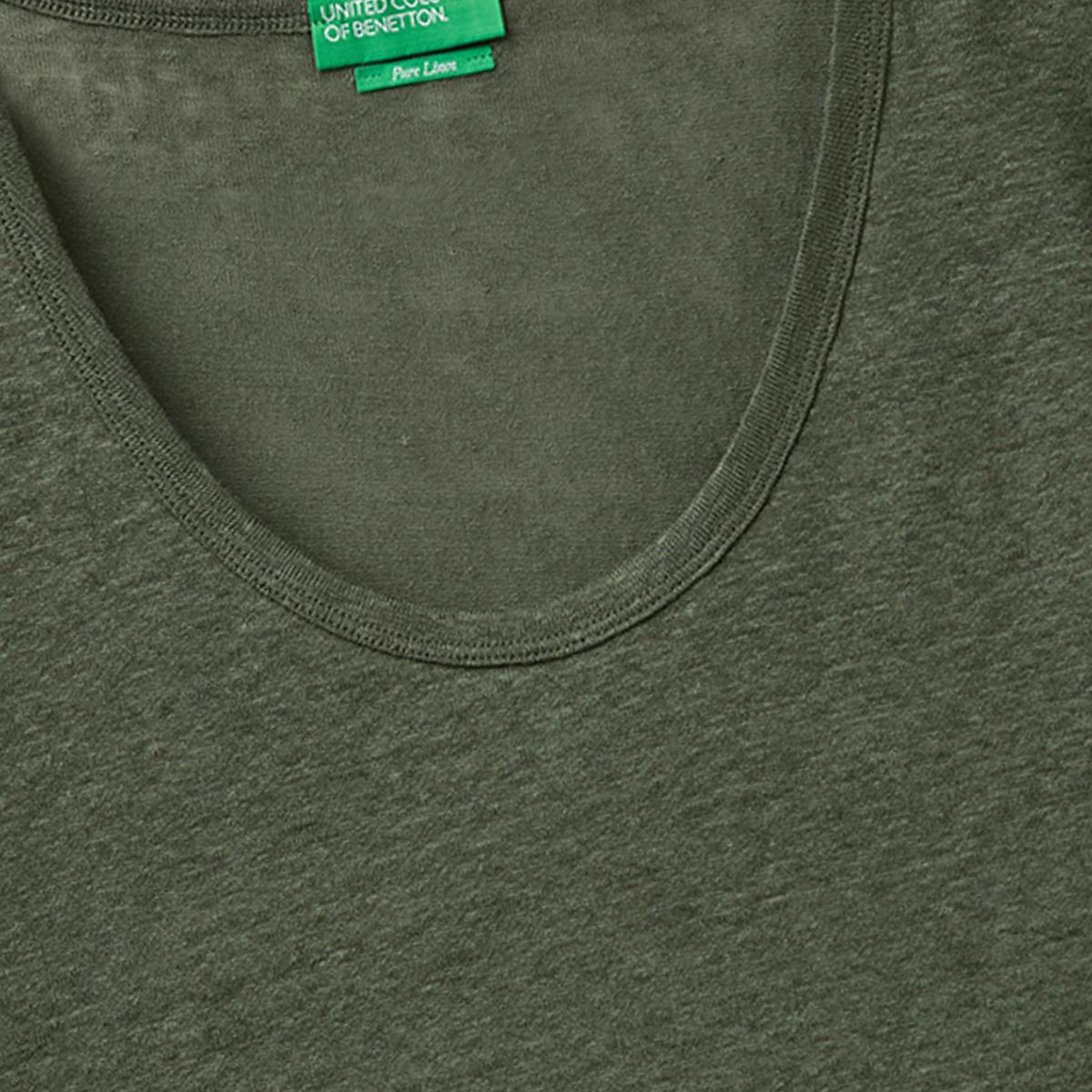 Kadın Haki %100 Keten Geniş Yaka Kısa Kollu T-Shirt