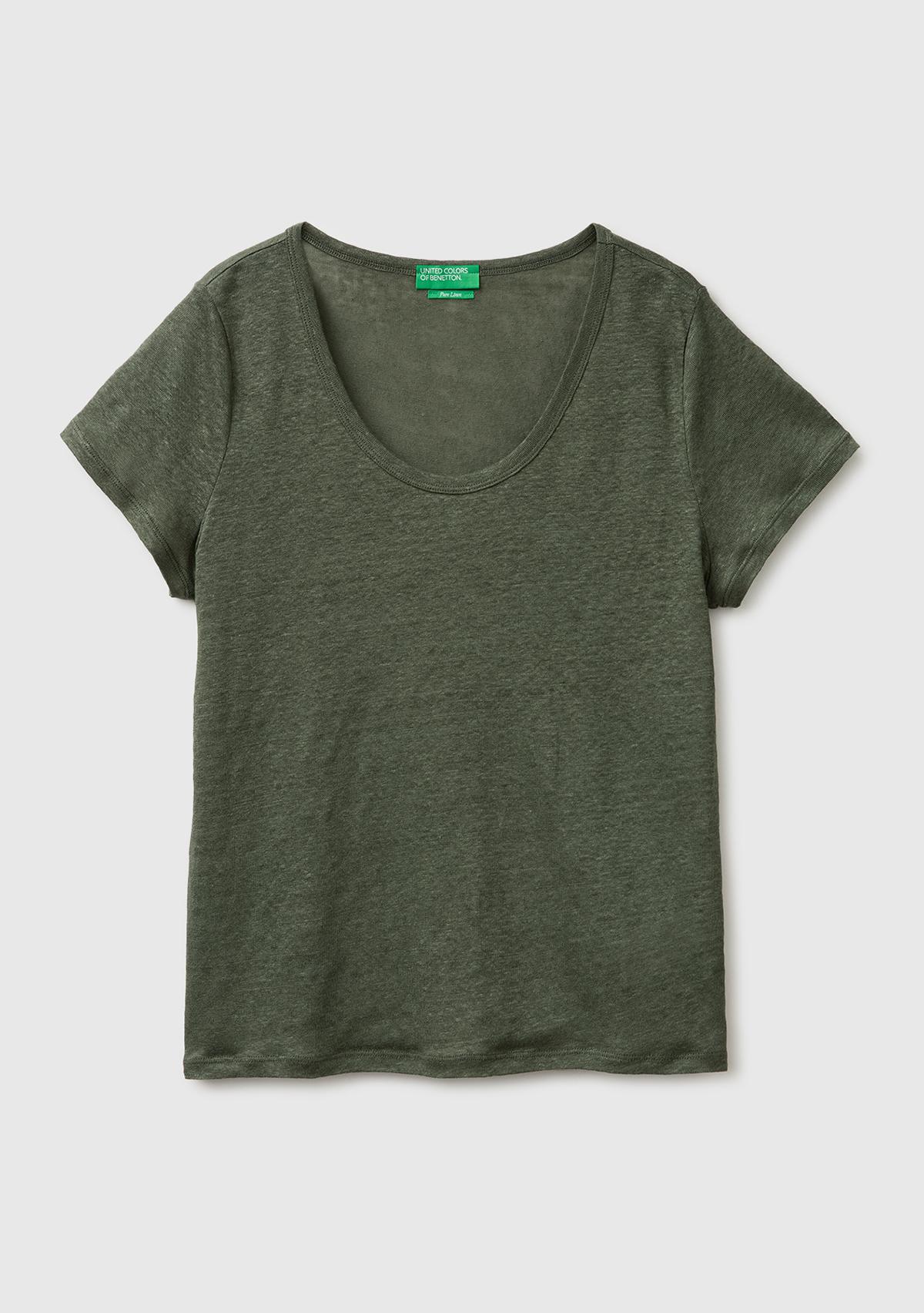 Kadın Haki %100 Keten Geniş Yaka Kısa Kollu T-Shirt