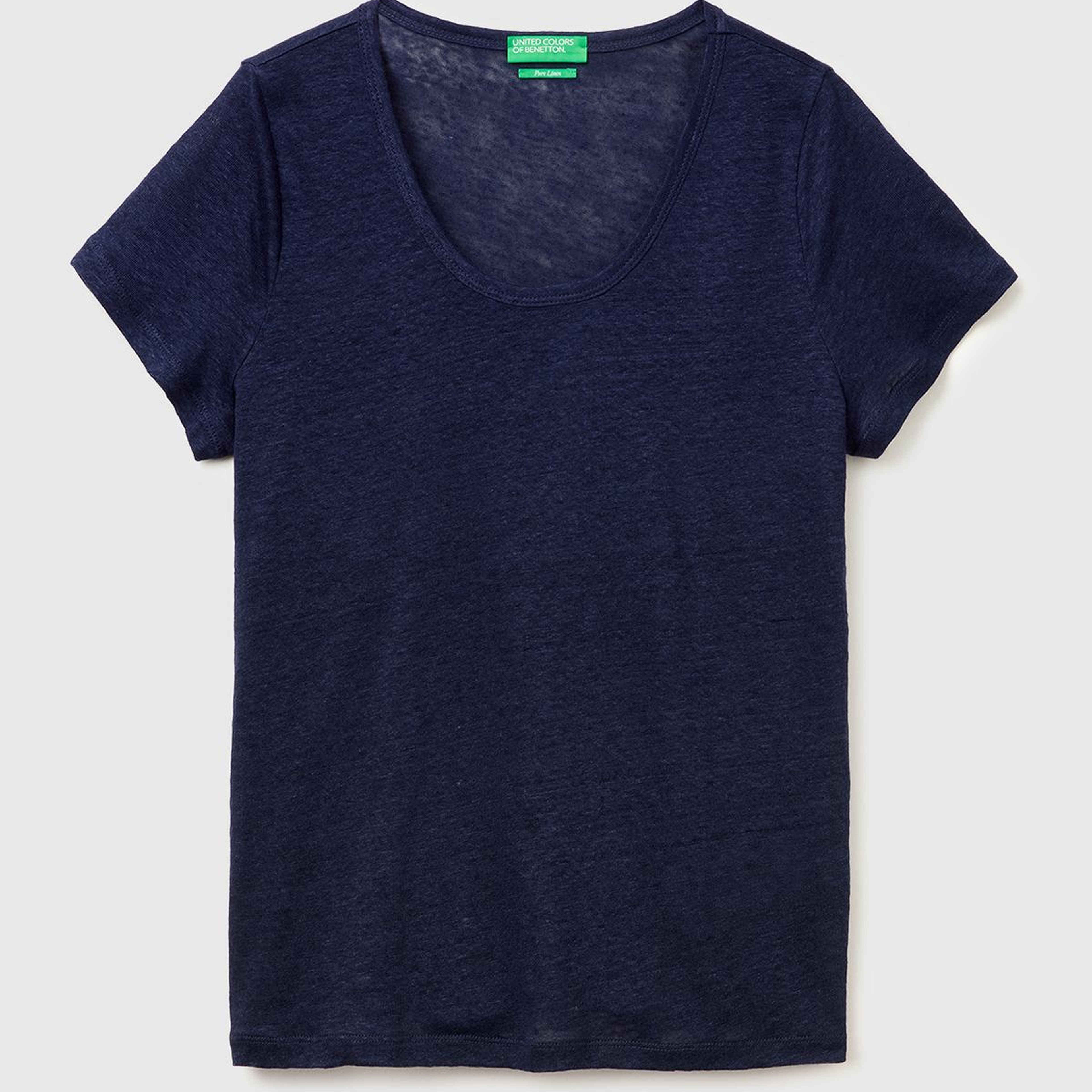 Kadın Lacivert %100 Keten Geniş Yaka Kısa Kollu T-Shirt
