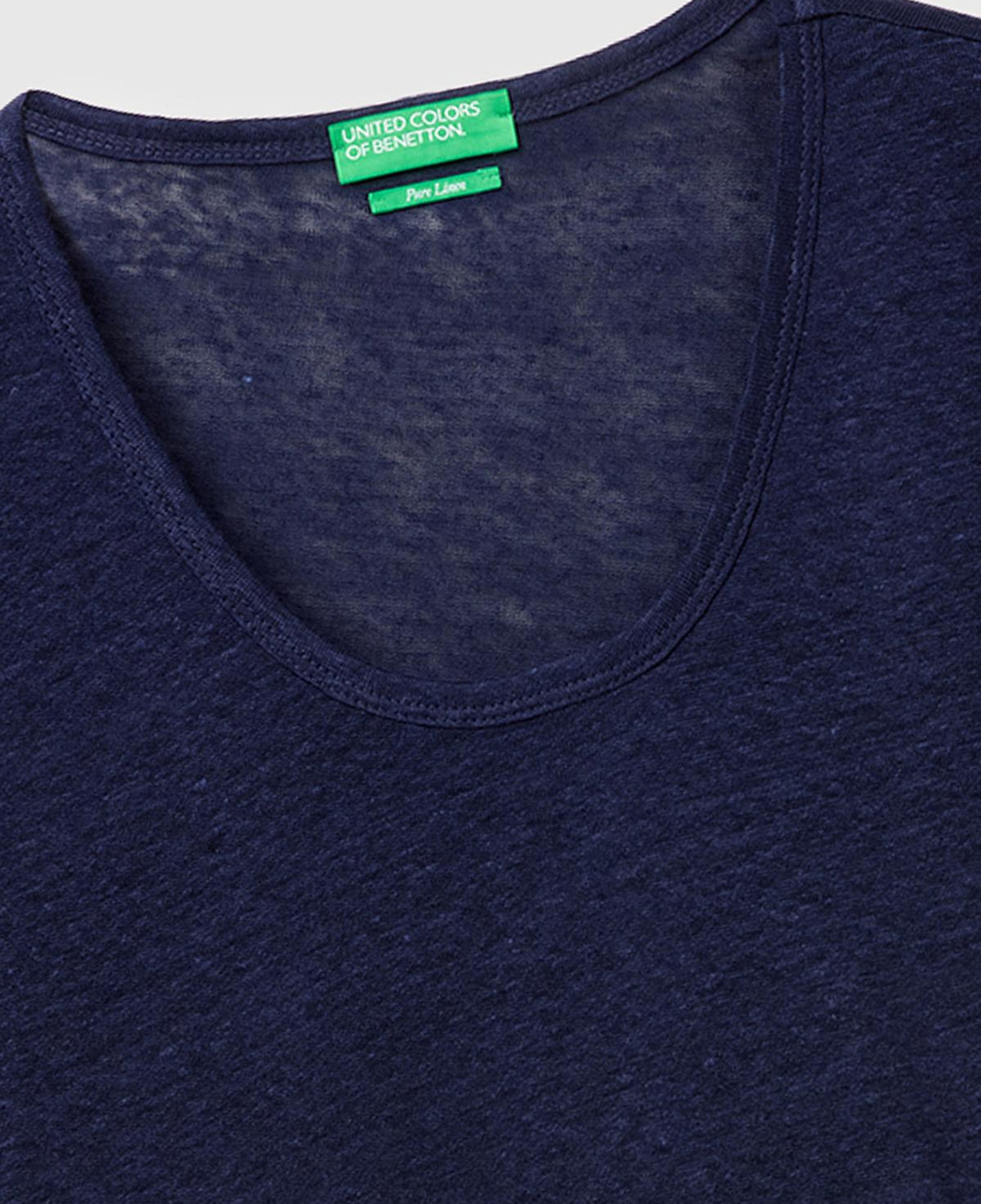 Kadın Lacivert %100 Keten Geniş Yaka Kısa Kollu T-Shirt