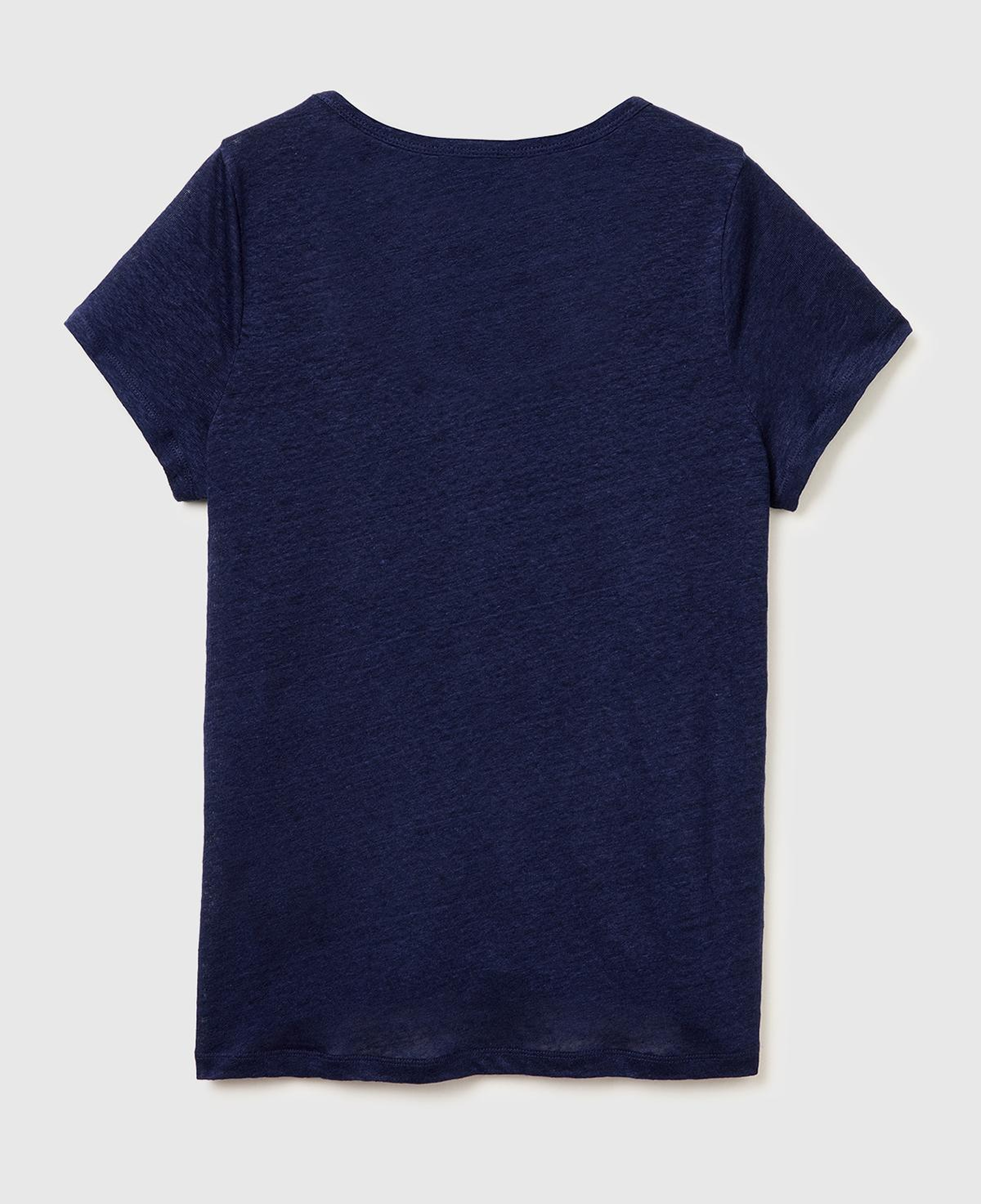 Kadın Lacivert %100 Keten Geniş Yaka Kısa Kollu T-Shirt
