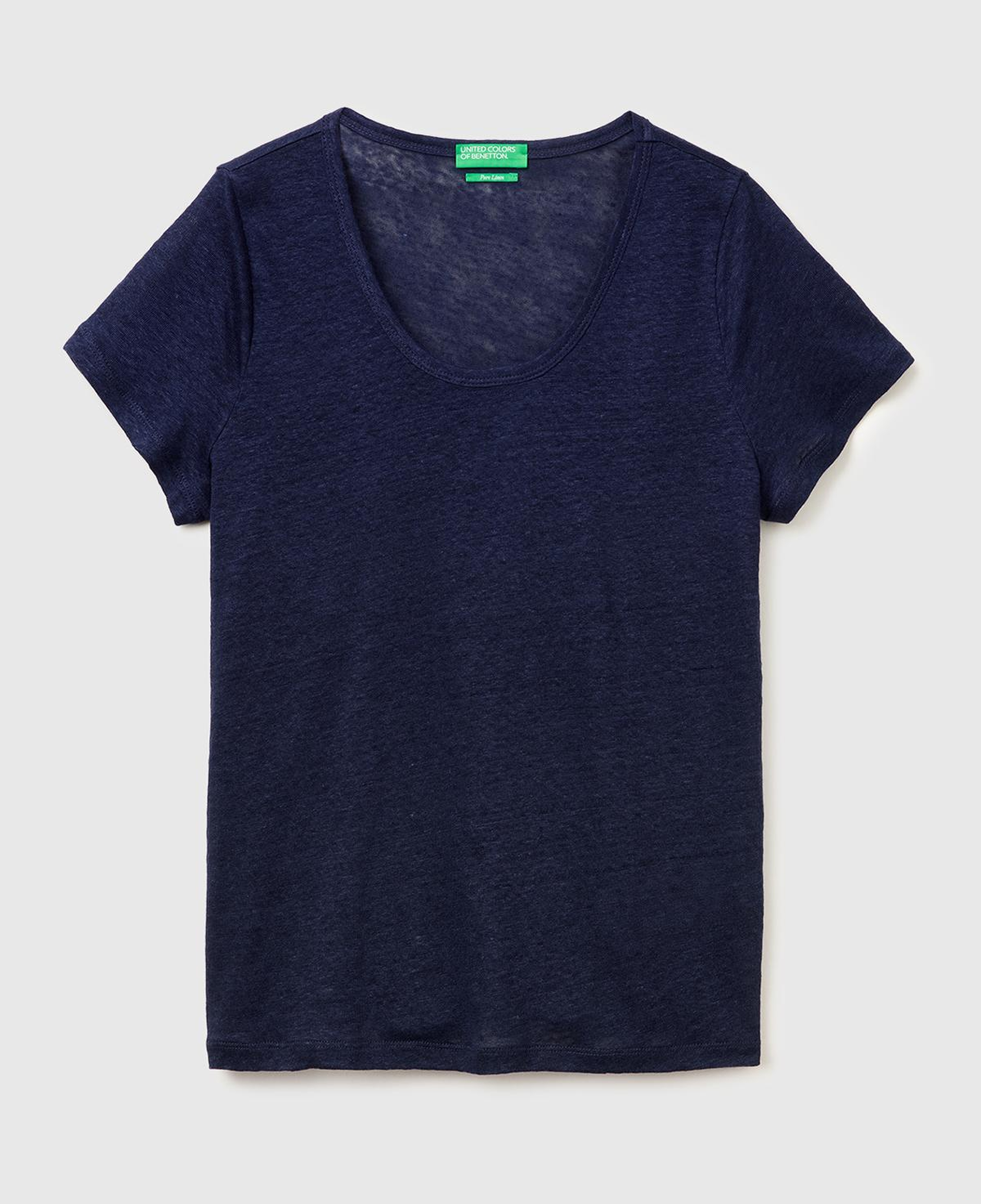 Kadın Lacivert %100 Keten Geniş Yaka Kısa Kollu T-Shirt