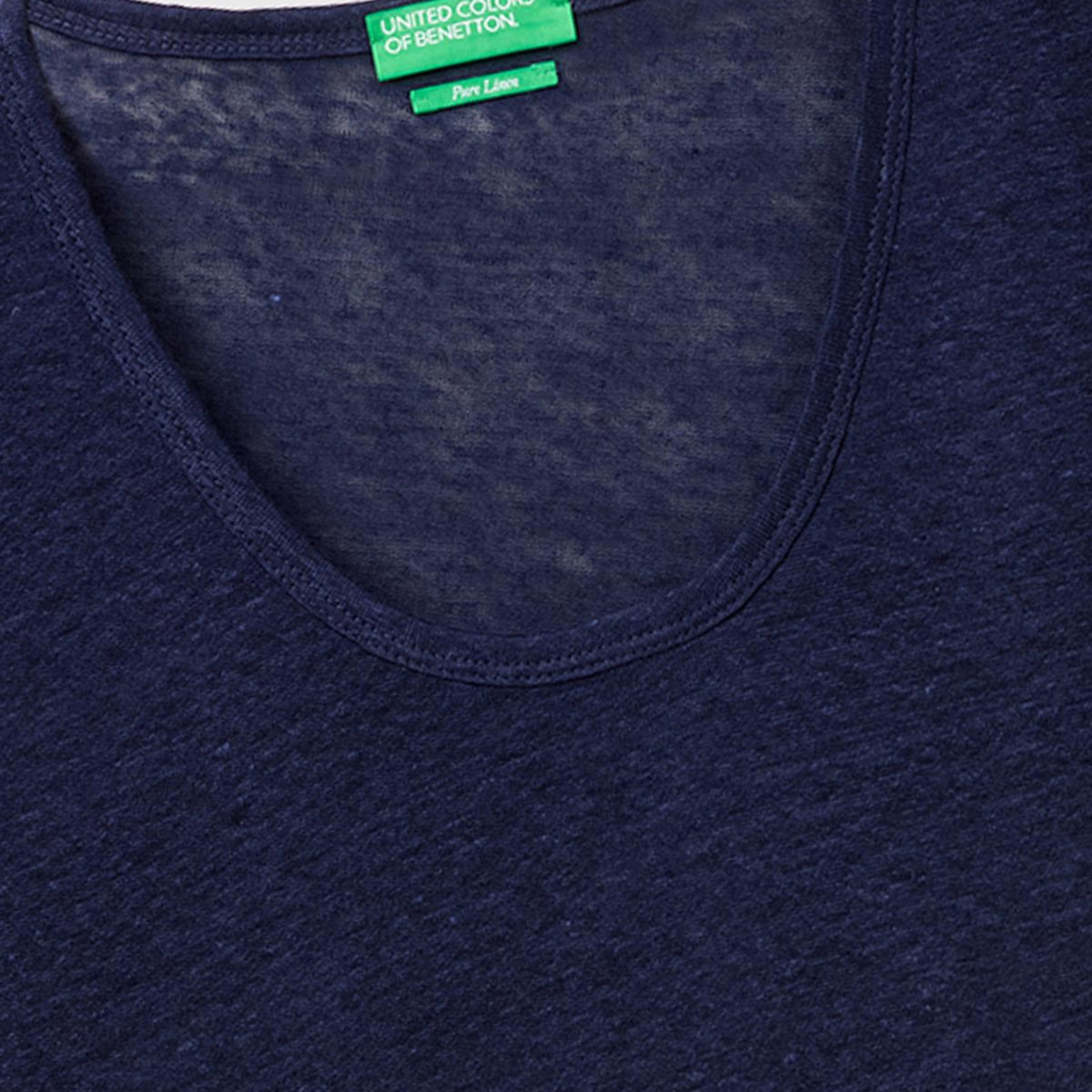 Kadın Lacivert %100 Keten Geniş Yaka Kısa Kollu T-Shirt