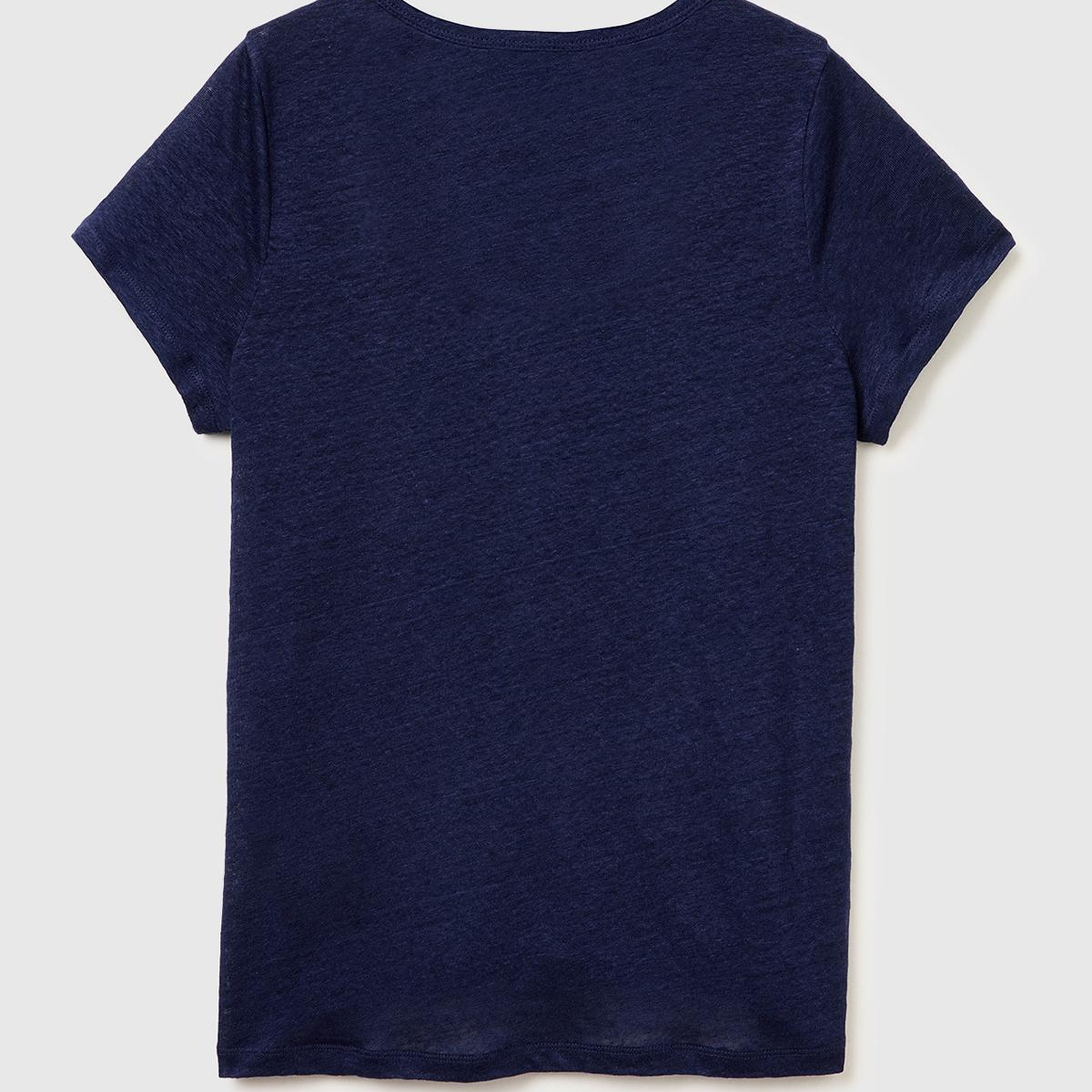 Kadın Lacivert %100 Keten Geniş Yaka Kısa Kollu T-Shirt