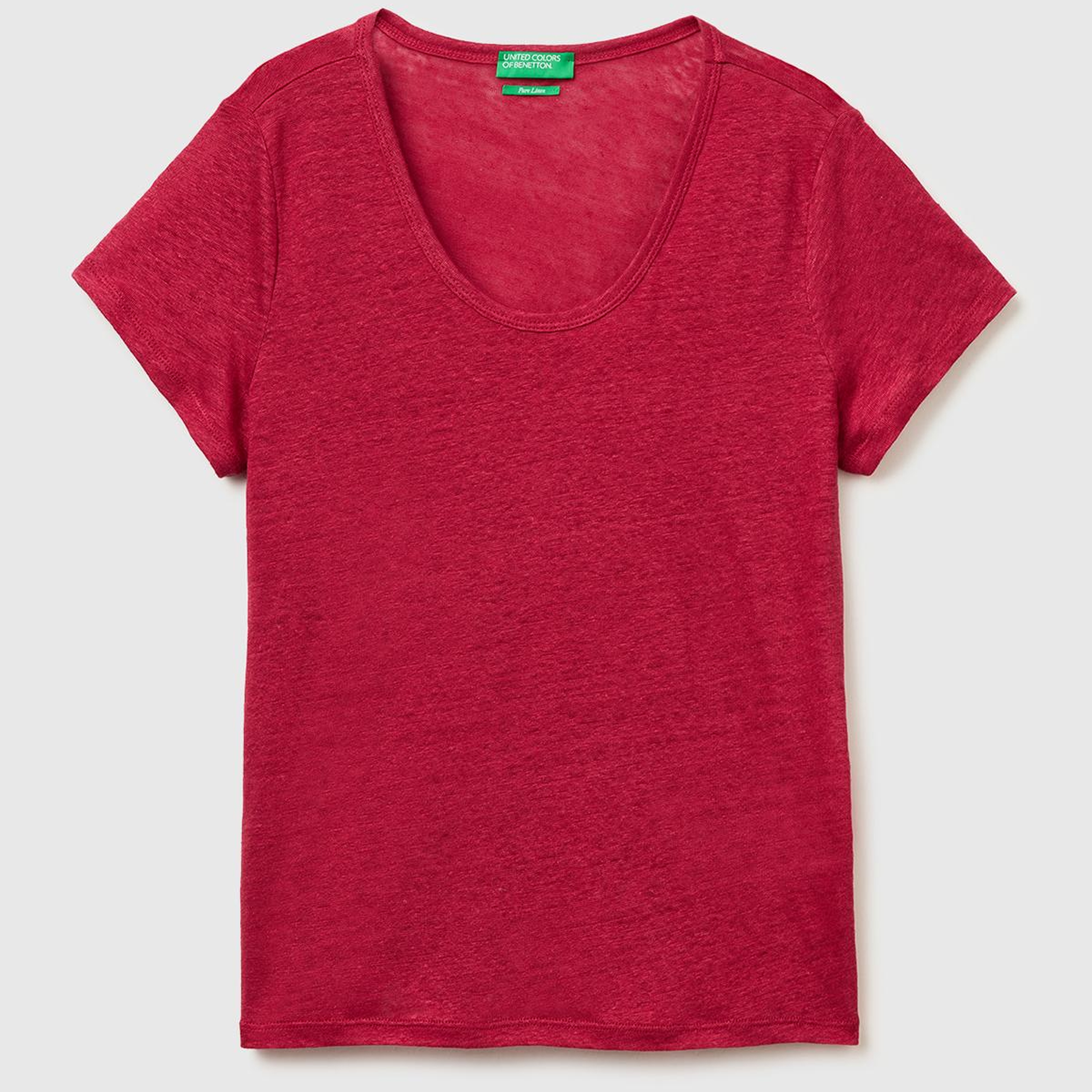 Kadın Fuşya %100 Keten Geniş Yaka Kısa Kollu T-Shirt