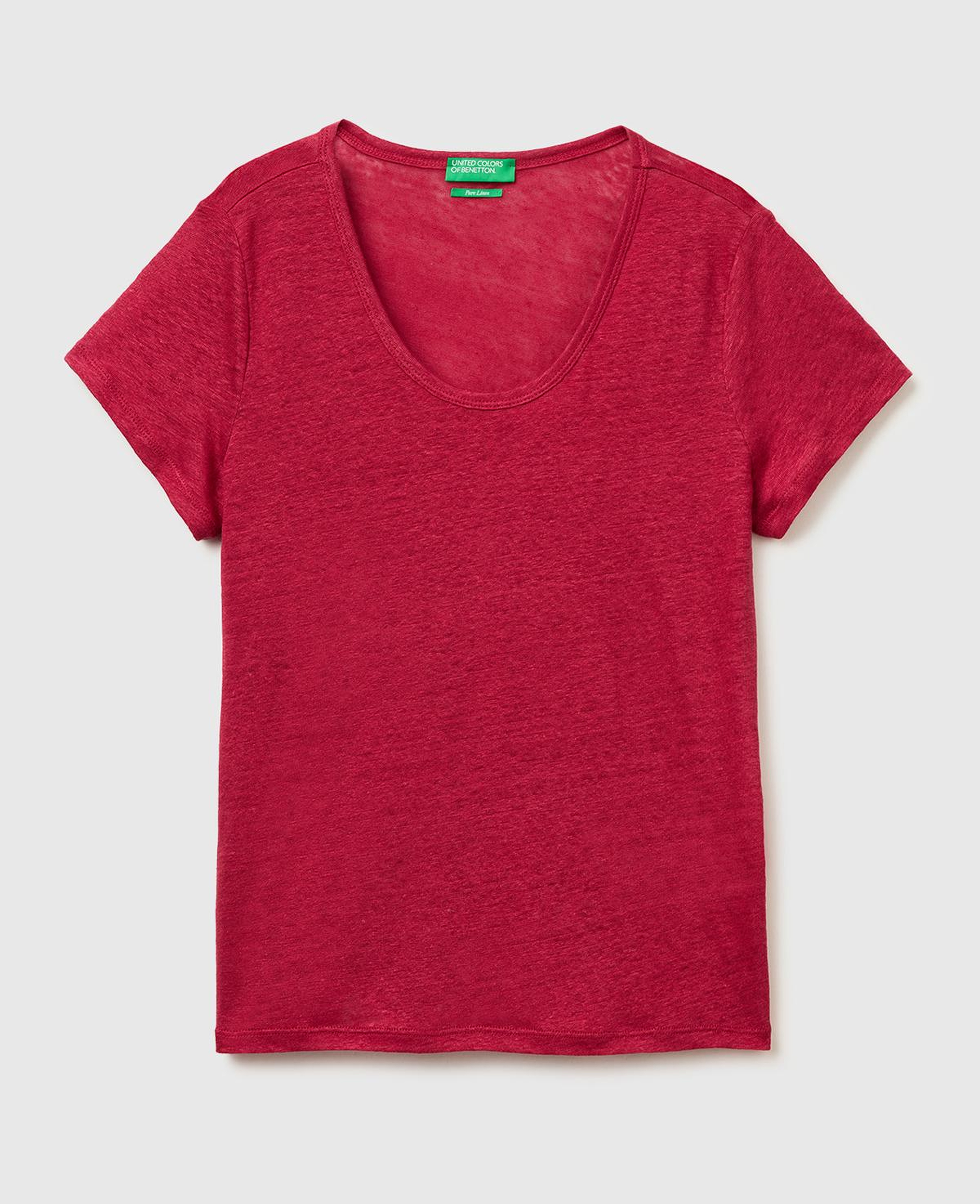 Kadın Fuşya %100 Keten Geniş Yaka Kısa Kollu T-Shirt