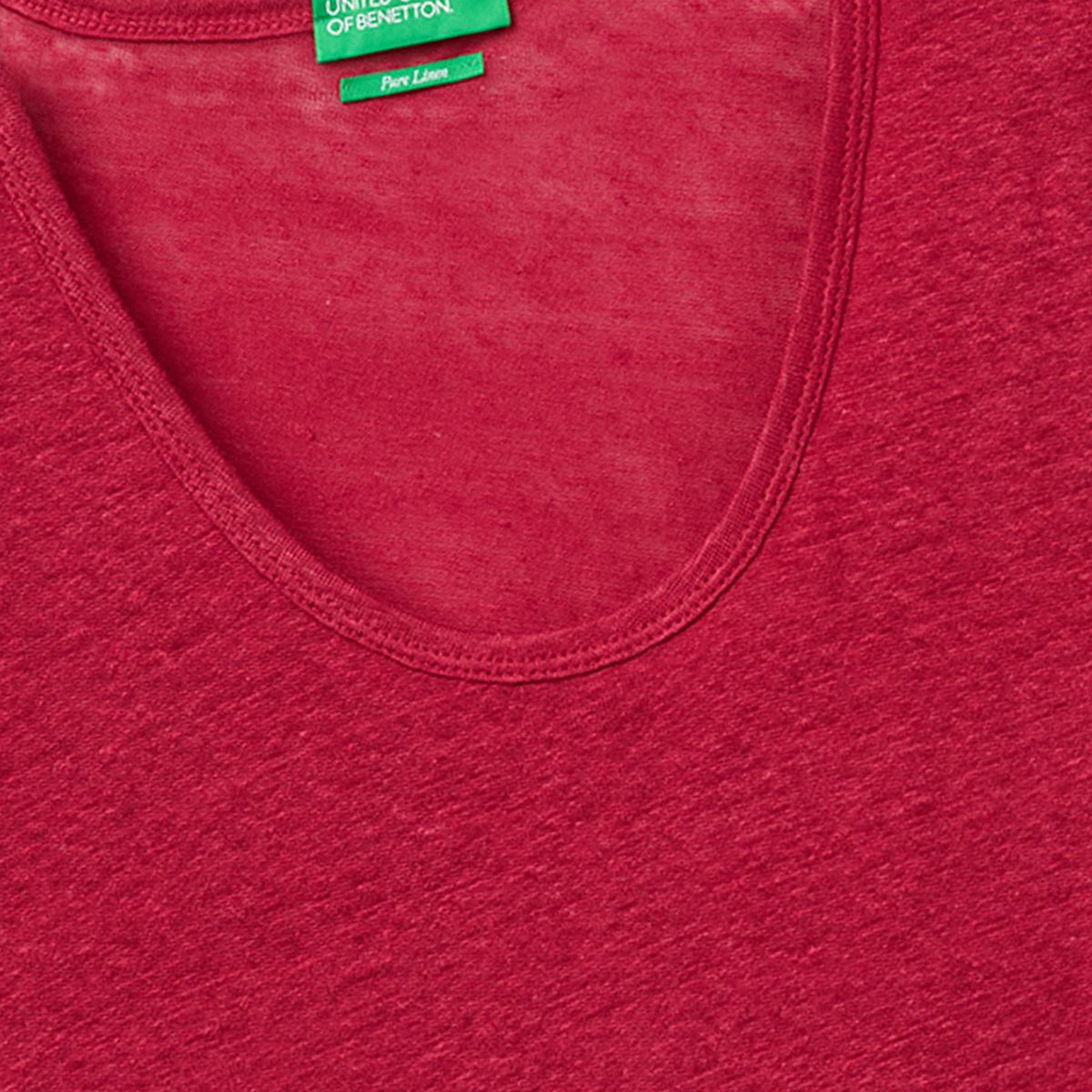 Kadın Fuşya %100 Keten Geniş Yaka Kısa Kollu T-Shirt