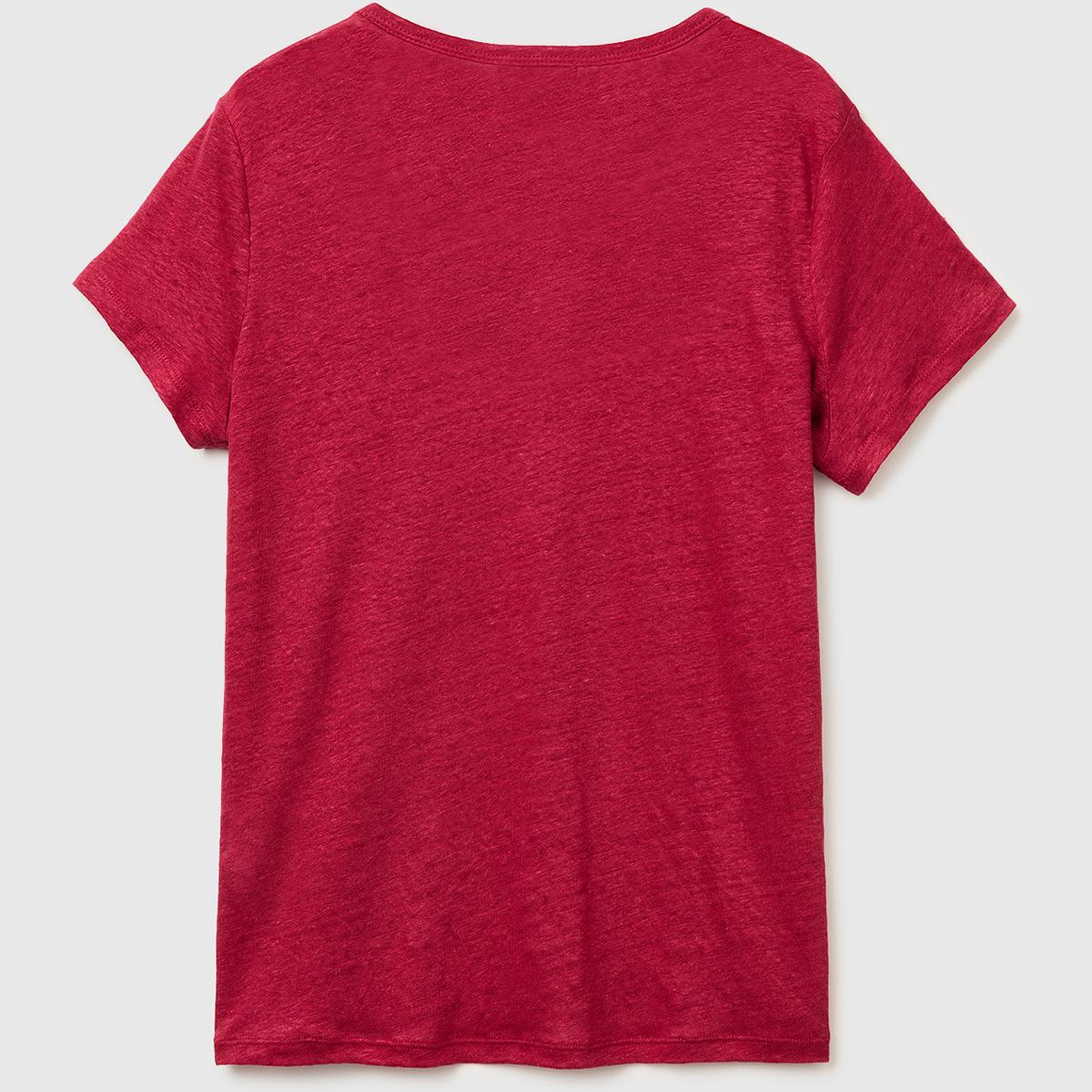 Kadın Fuşya %100 Keten Geniş Yaka Kısa Kollu T-Shirt