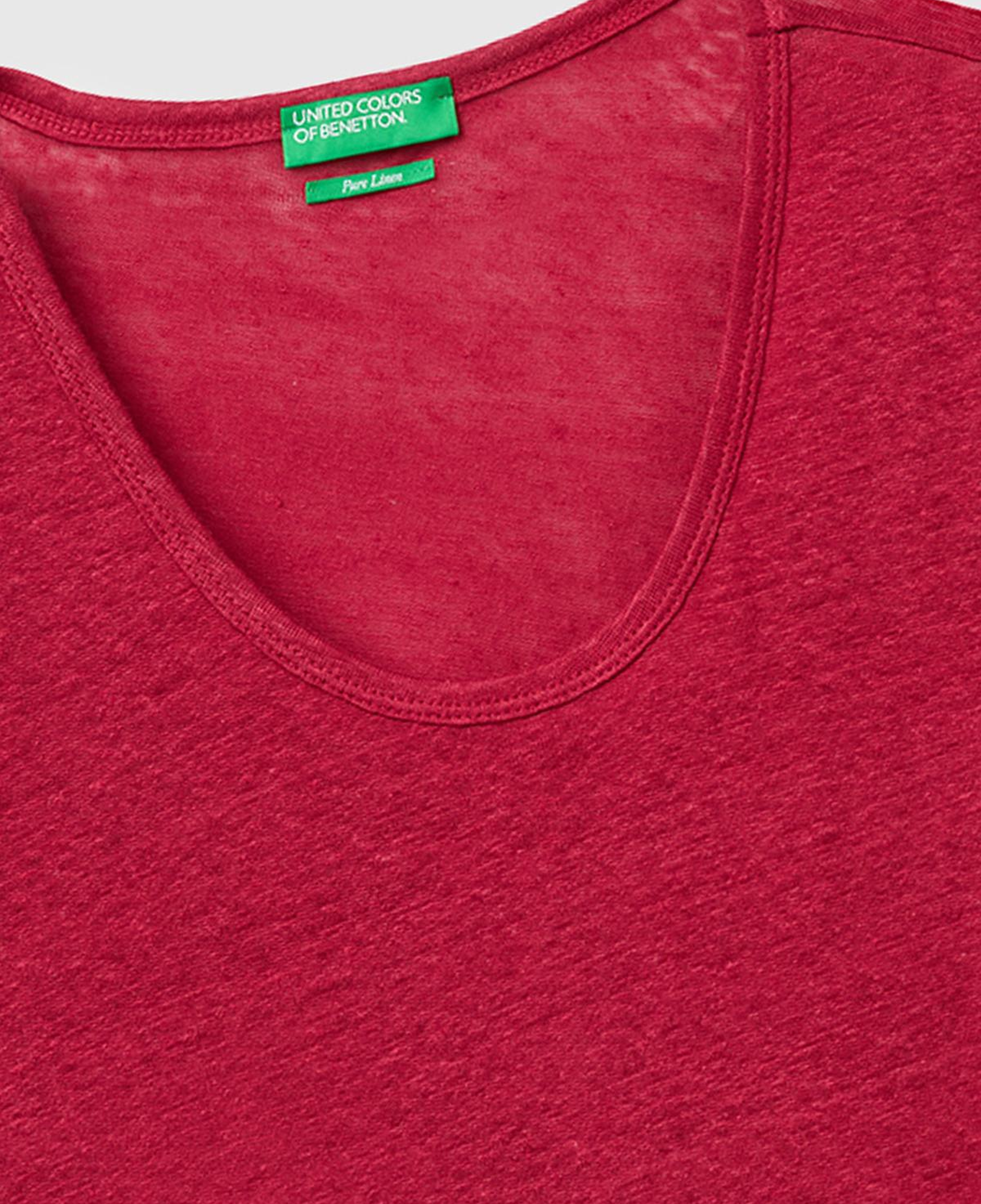 Kadın Fuşya %100 Keten Geniş Yaka Kısa Kollu T-Shirt
