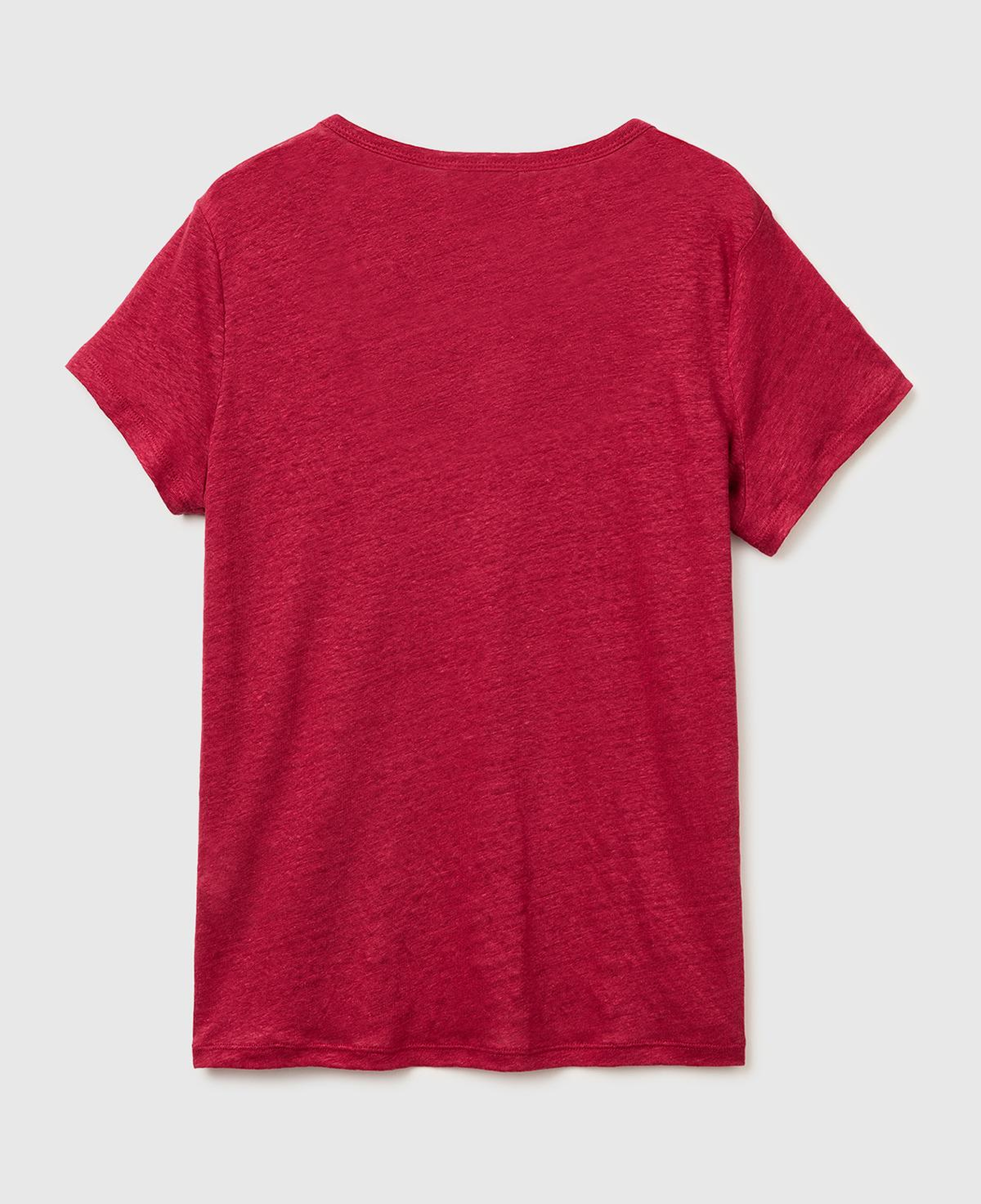 Kadın Fuşya %100 Keten Geniş Yaka Kısa Kollu T-Shirt