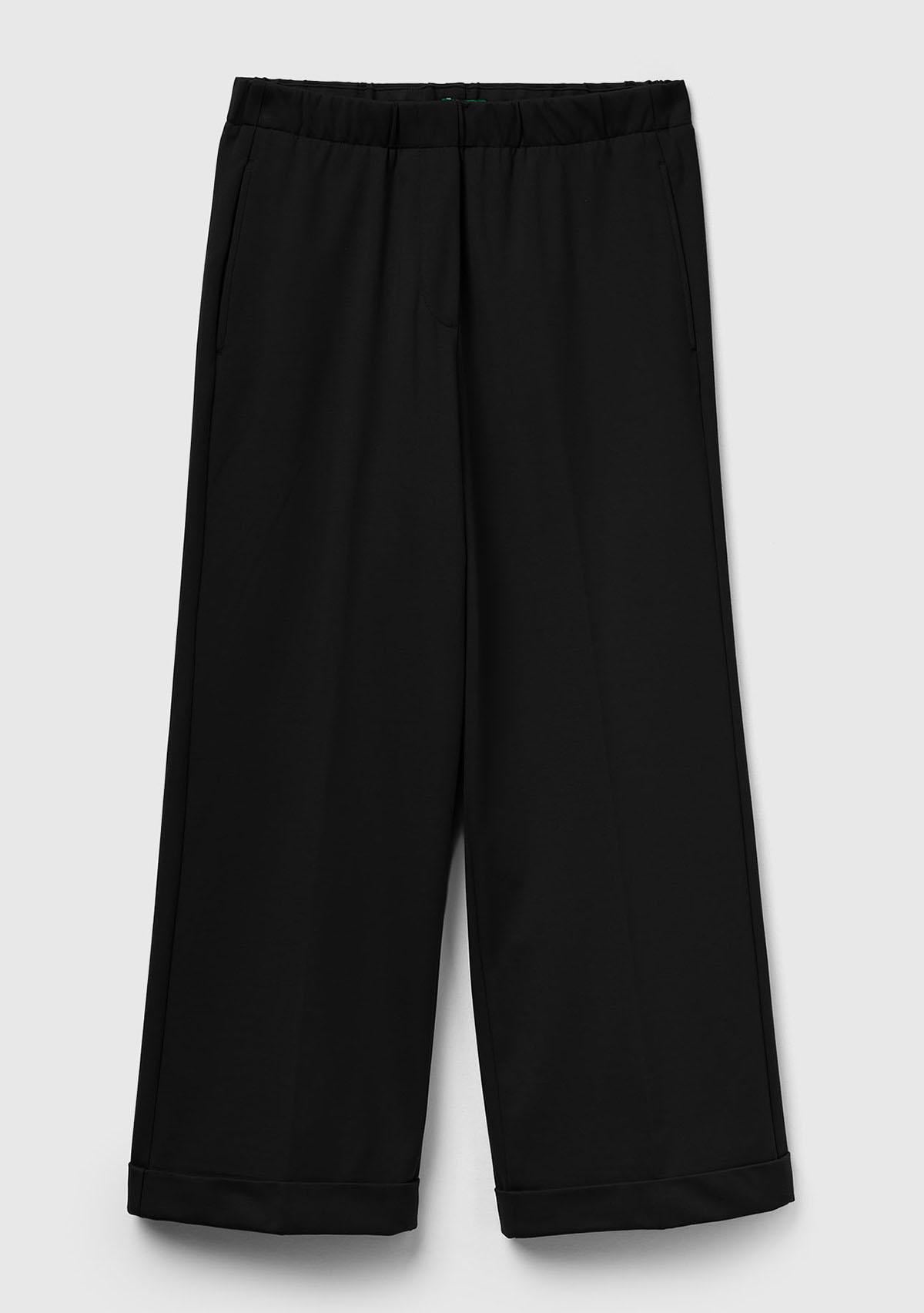 Kadın Siyah Viskoz Karışımlı Beli Lastikli Kıvrık Paça Pantolon
