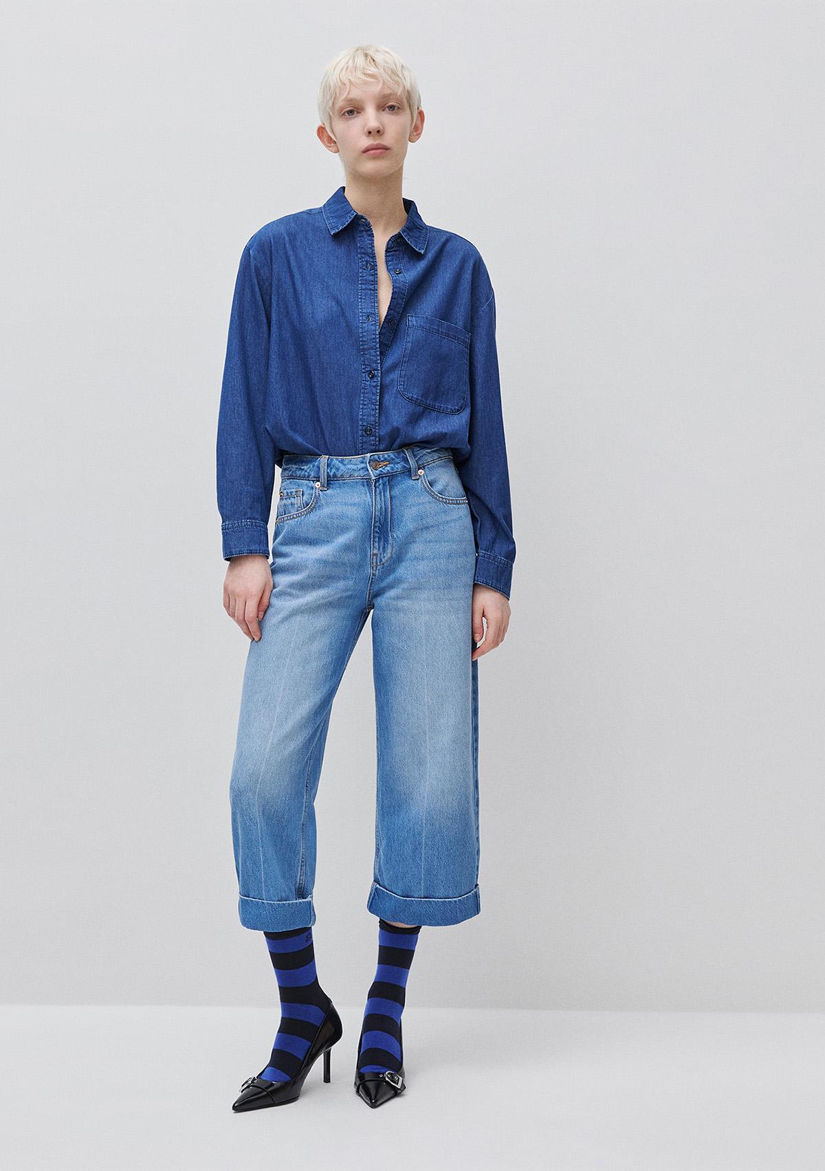 Kadın Lacivert %100 Pamuk Yamalı Cepli Düğmeli Denim Gömlek