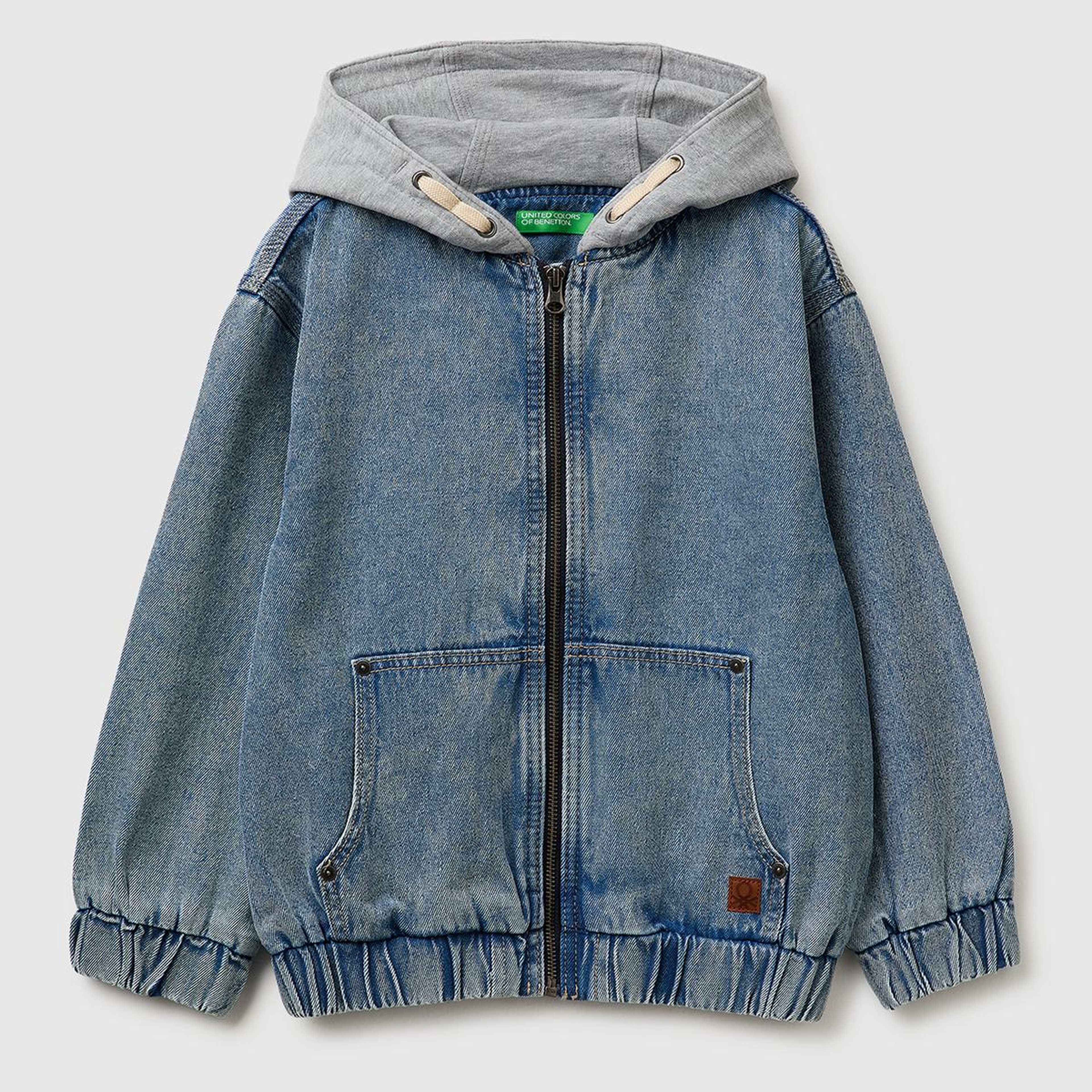 Erkek Çocuk Mavi Logo Etiketli Polar Kapüşonlu Denim Bomber Ceket