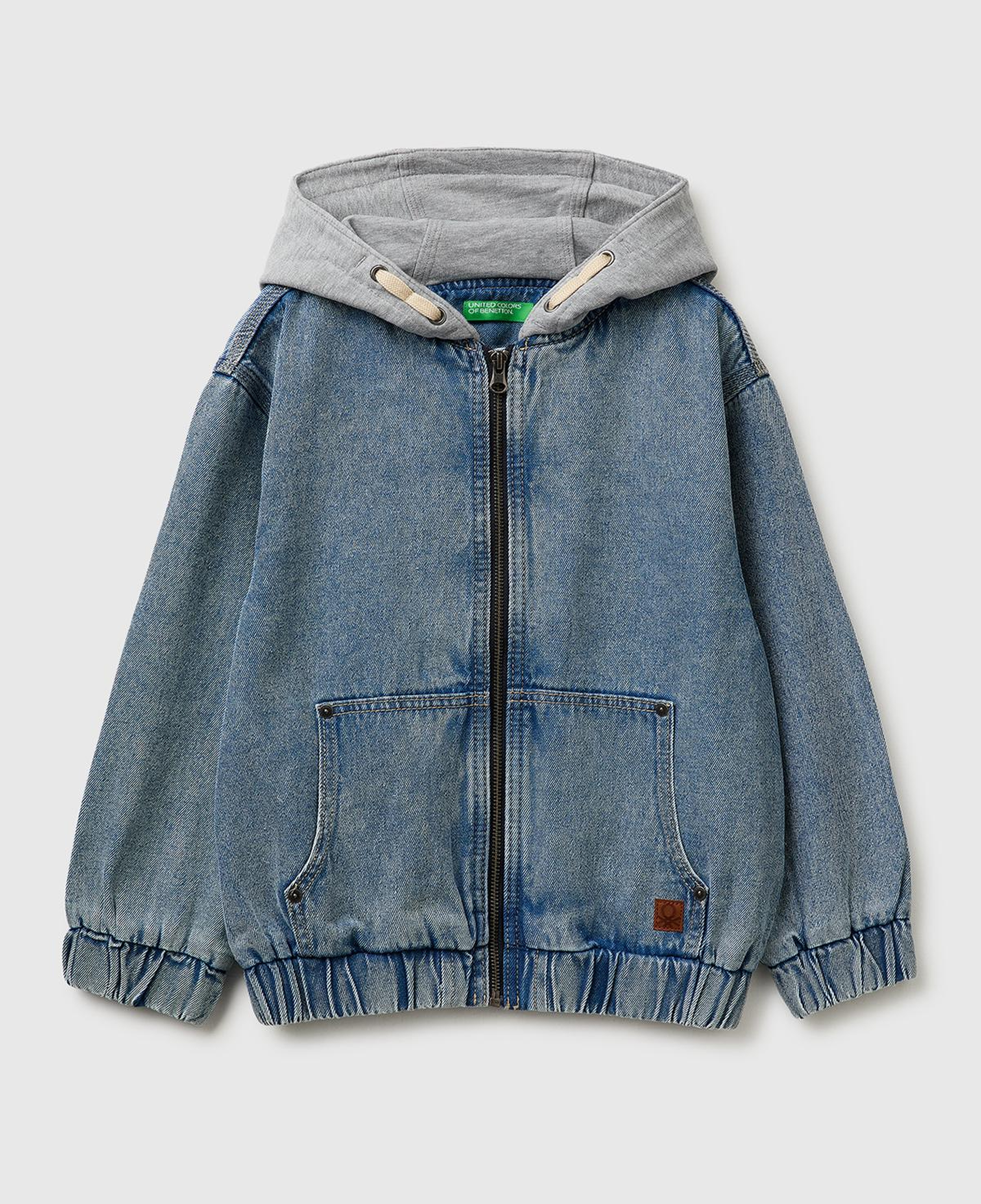 Erkek Çocuk Mavi Logo Etiketli Polar Kapüşonlu Denim Bomber Ceket