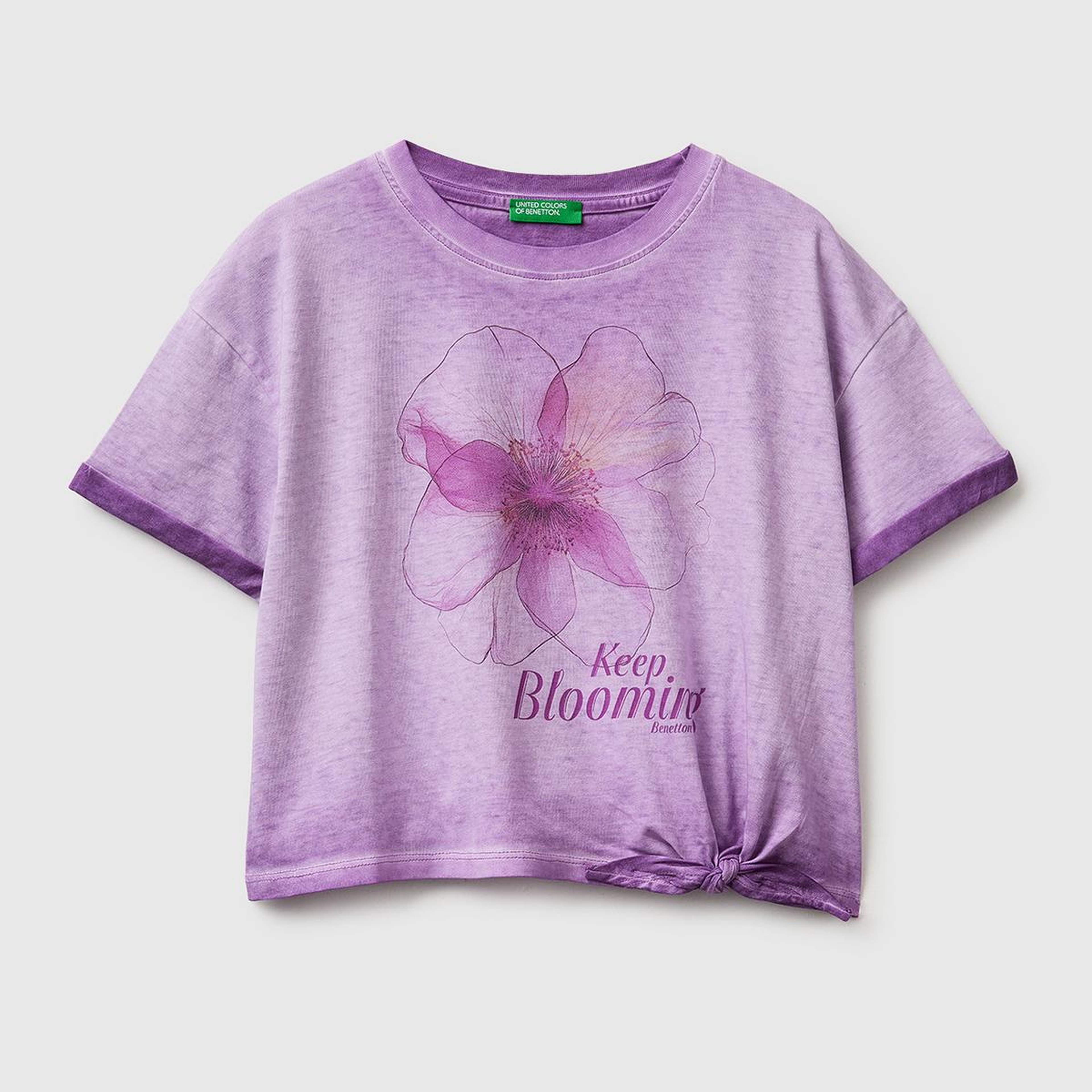 Kız Çocuk Lila Etek Ucu Düğümlü Baskılı Boxy Fit Kısa Kollu T-Shirt