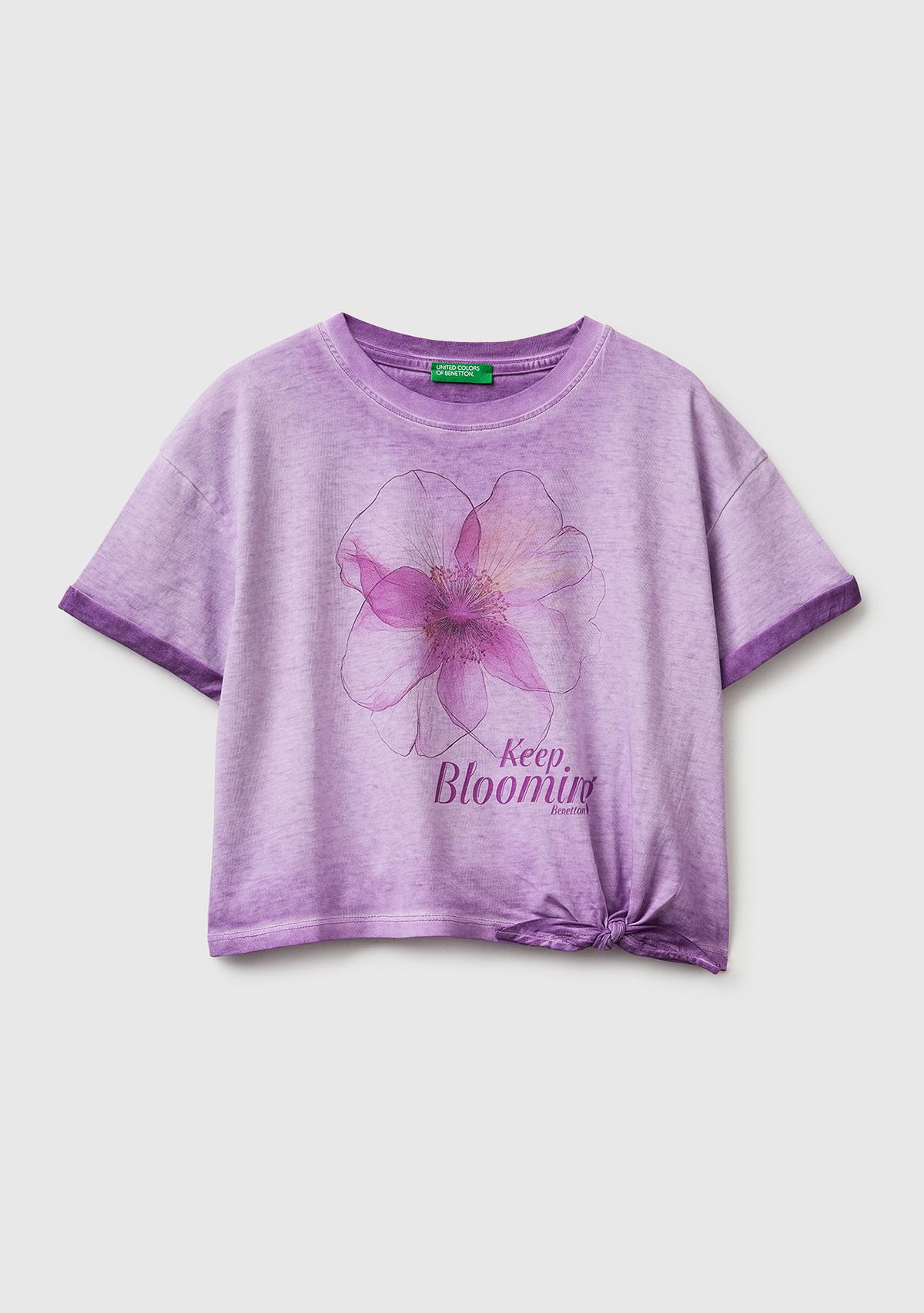 Kız Çocuk Lila Etek Ucu Düğümlü Baskılı Boxy Fit Kısa Kollu T-Shirt