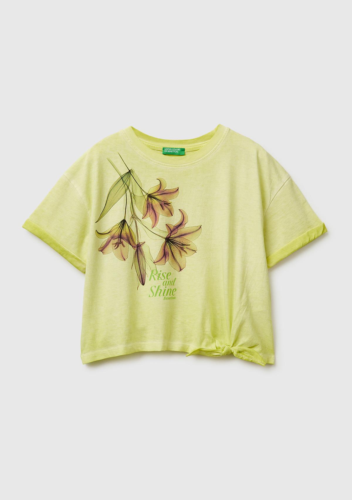 Kız Çocuk Sarı Etek Ucu Düğümlü Baskılı Boxy Fit Kısa Kollu T-Shirt