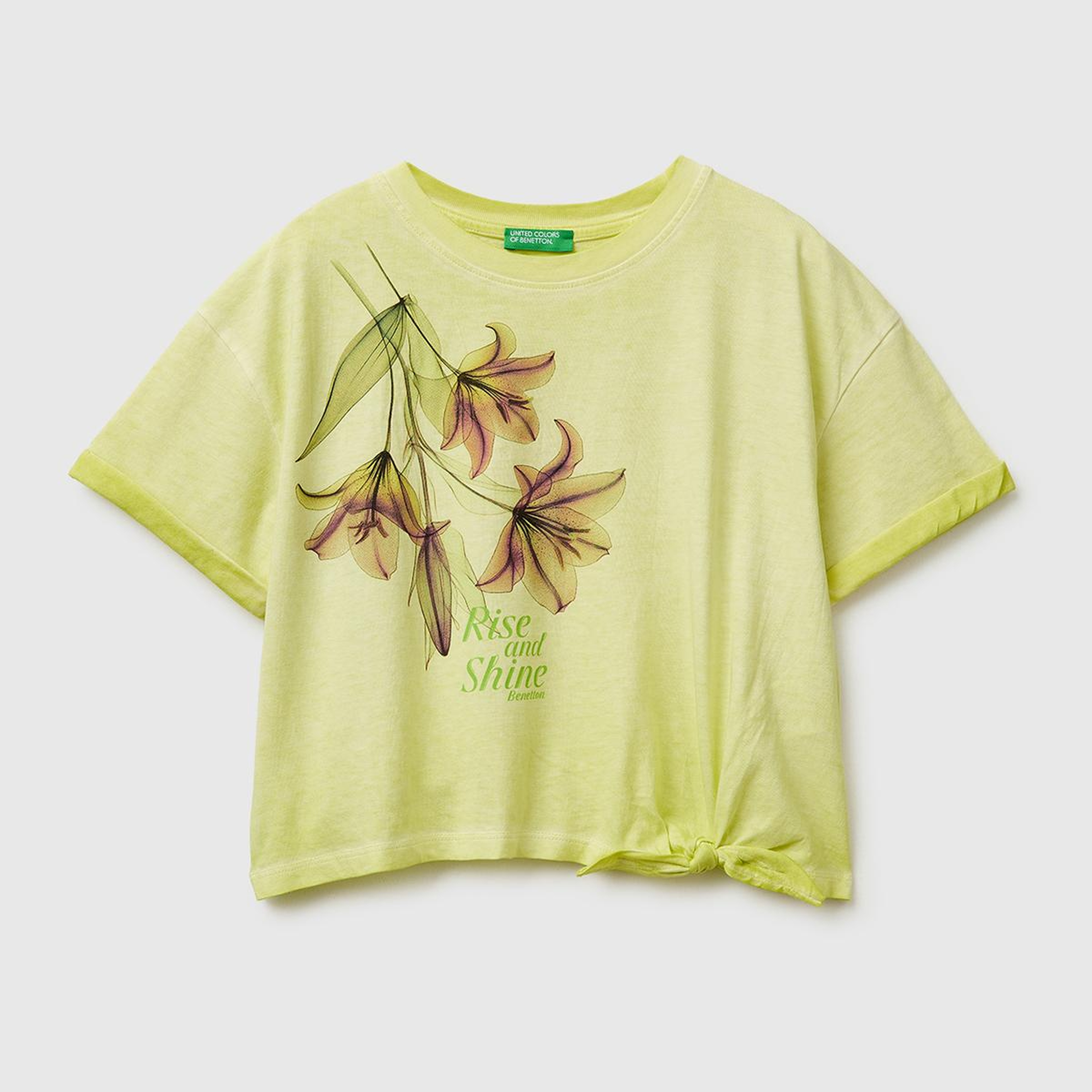 Kız Çocuk Sarı Etek Ucu Düğümlü Baskılı Boxy Fit Kısa Kollu T-Shirt