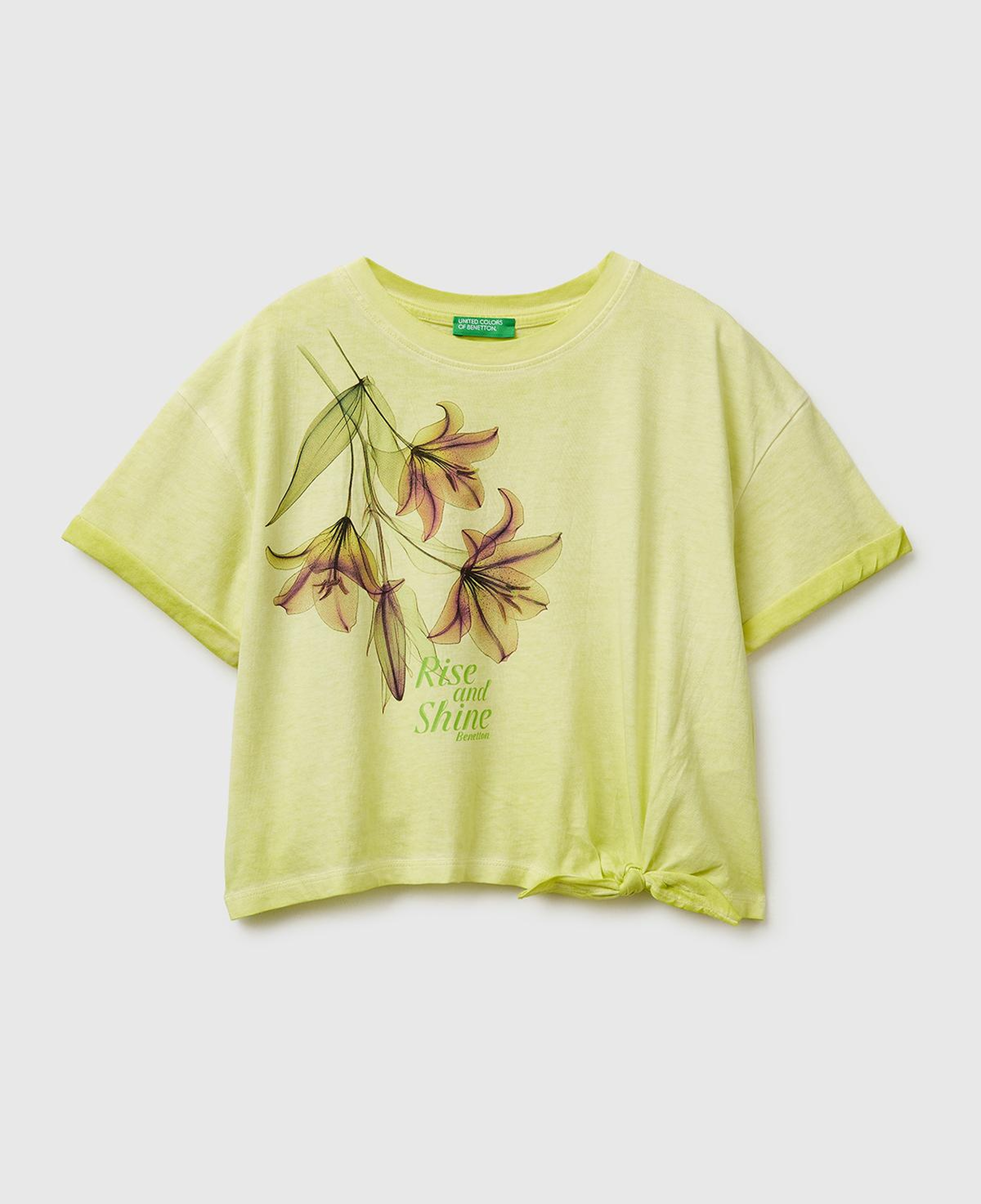 Kız Çocuk Sarı Etek Ucu Düğümlü Baskılı Boxy Fit Kısa Kollu T-Shirt