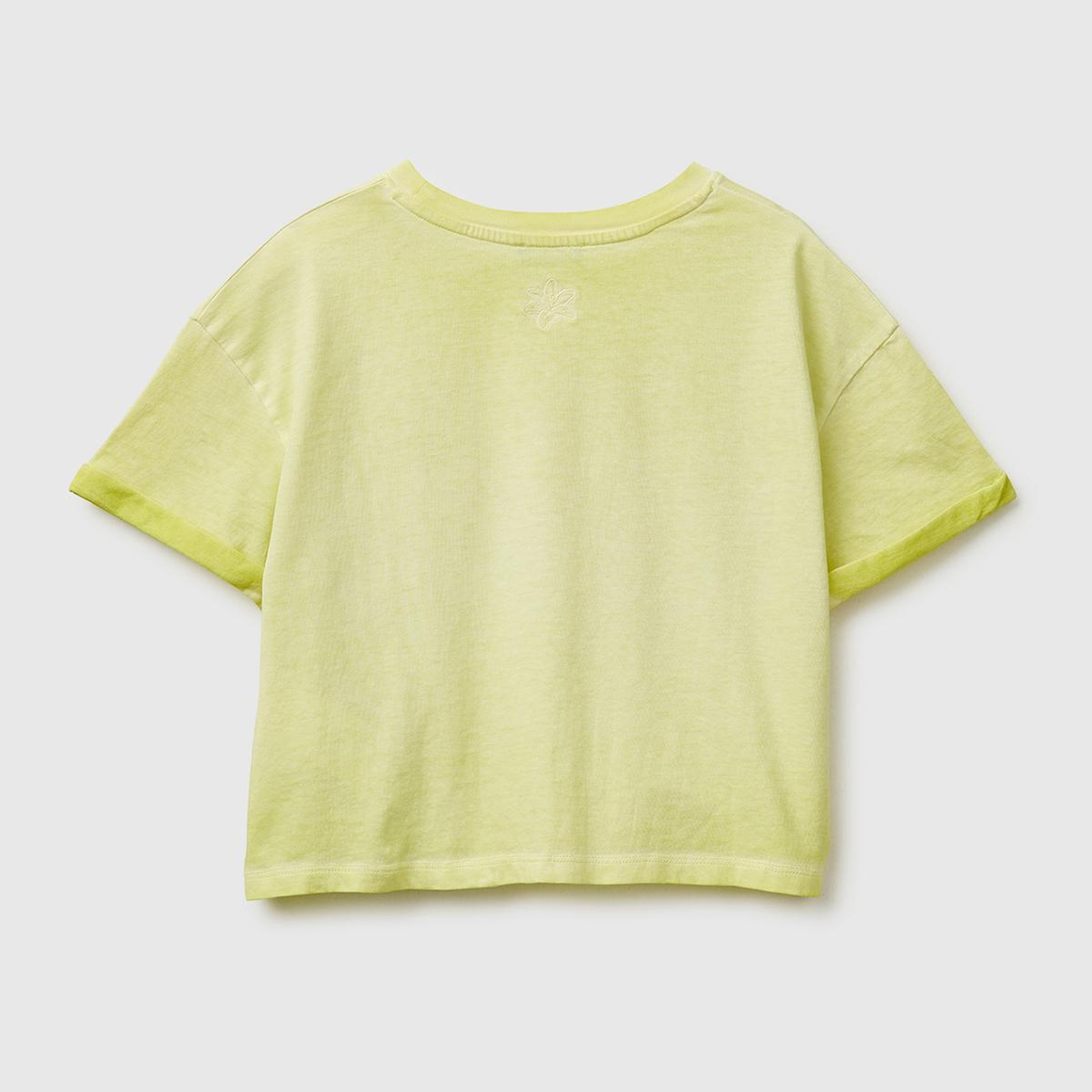 Kız Çocuk Sarı Etek Ucu Düğümlü Baskılı Boxy Fit Kısa Kollu T-Shirt