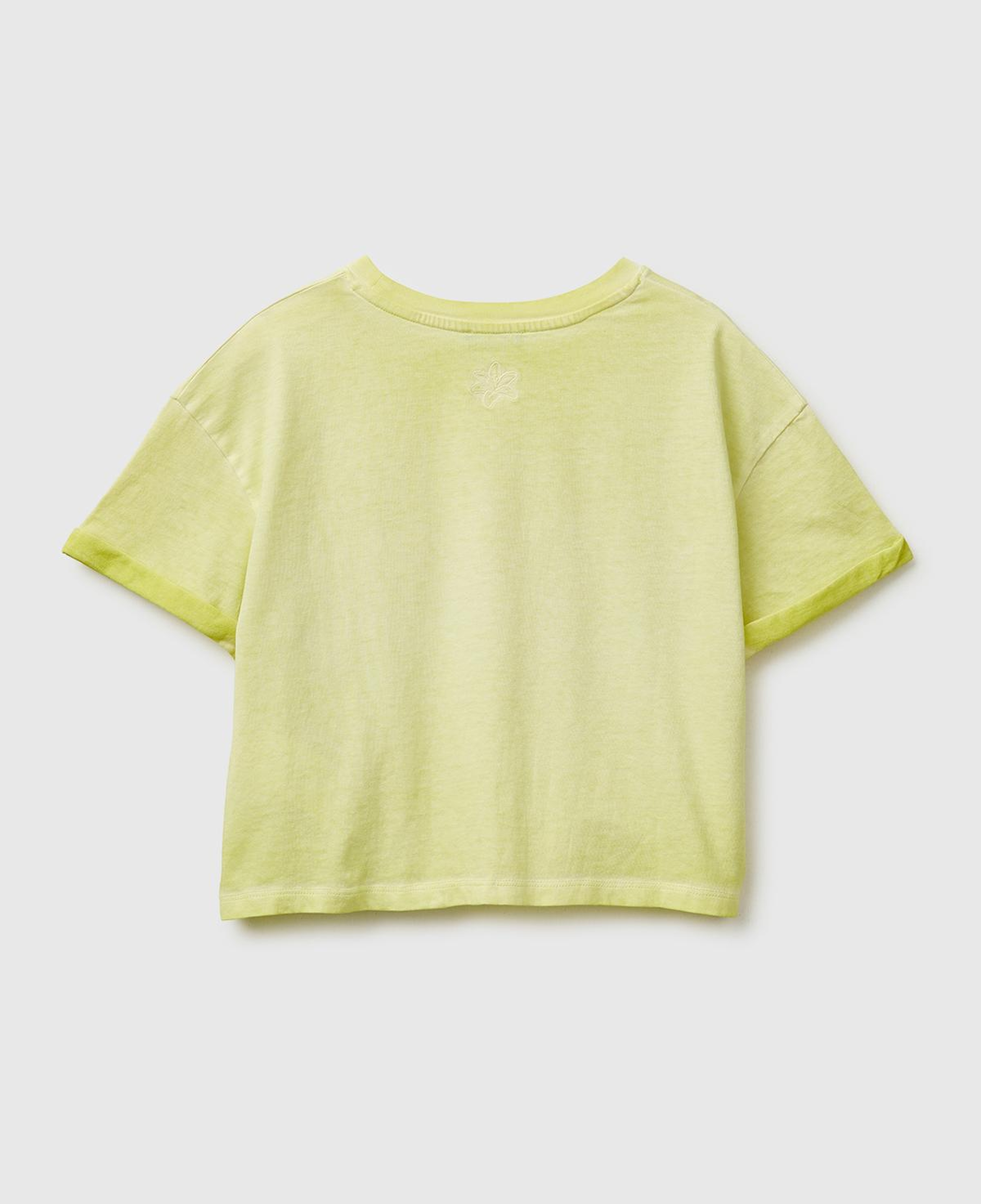 Kız Çocuk Sarı Etek Ucu Düğümlü Baskılı Boxy Fit Kısa Kollu T-Shirt