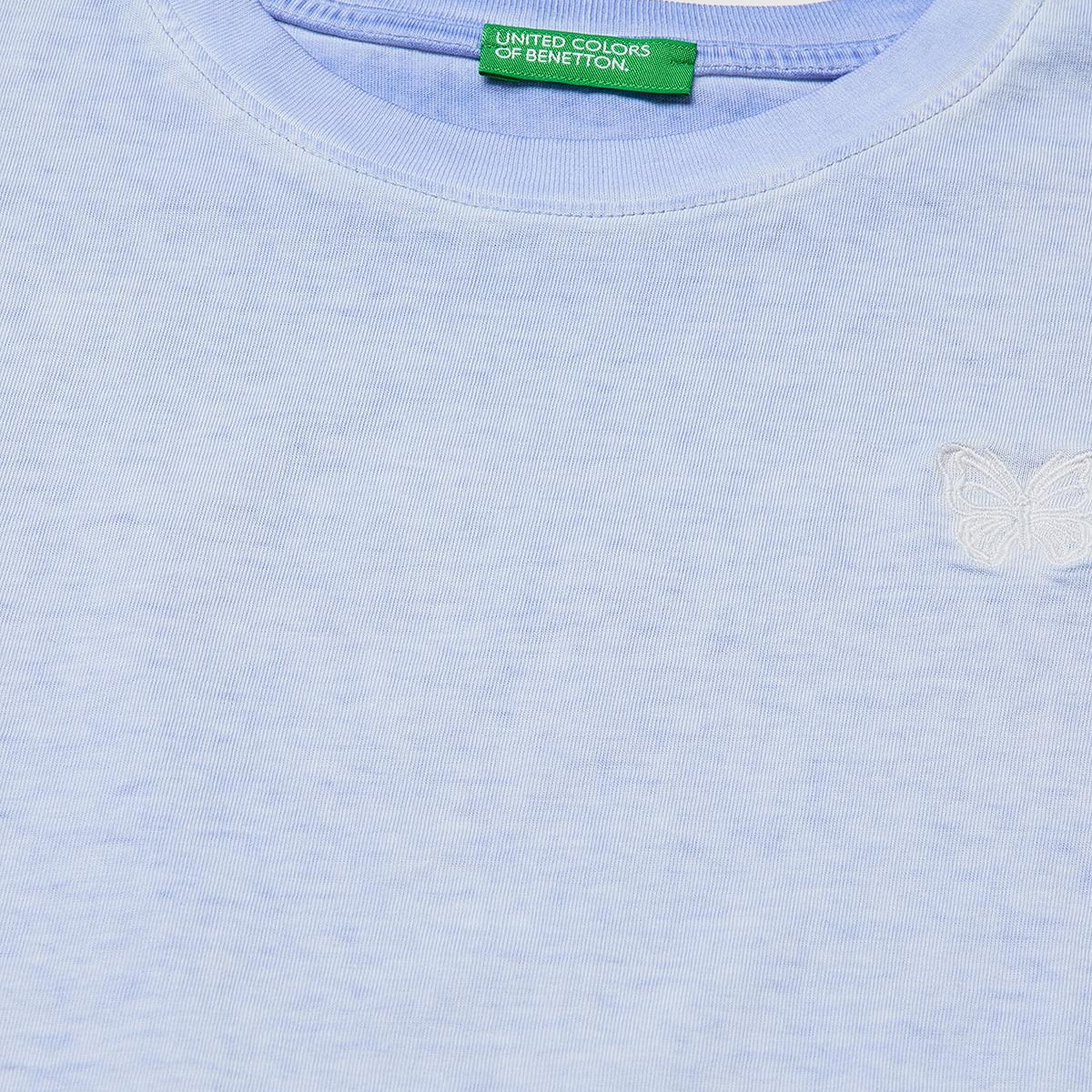 Kız Çocuk Mavi Etek Ucu Düğümlü Baskılı Boxy Fit Kısa Kollu T-Shirt
