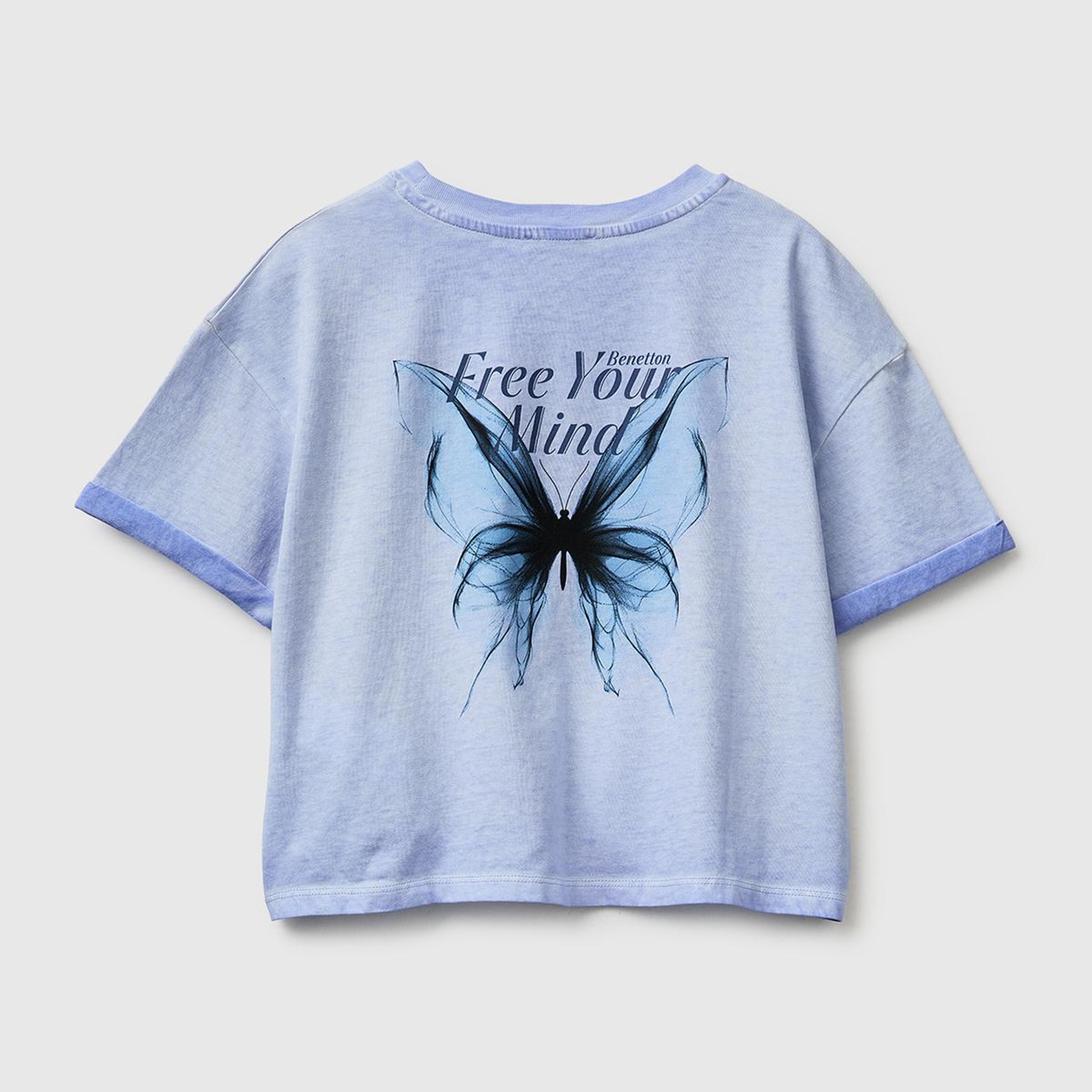 Kız Çocuk Mavi Etek Ucu Düğümlü Baskılı Boxy Fit Kısa Kollu T-Shirt