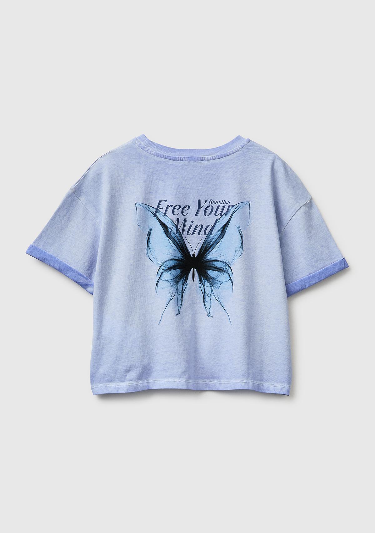 Kız Çocuk Mavi Etek Ucu Düğümlü Baskılı Boxy Fit Kısa Kollu T-Shirt