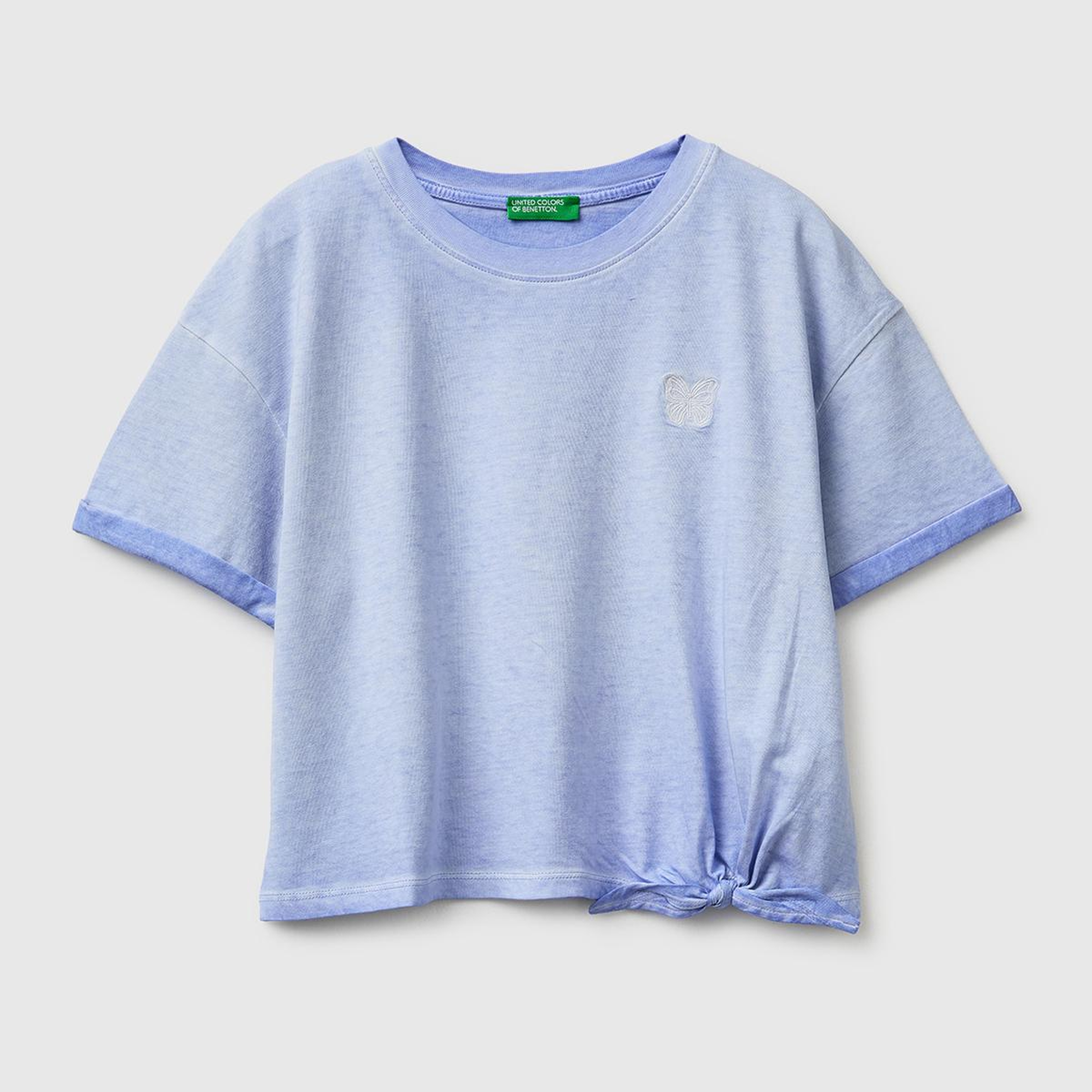 Kız Çocuk Mavi Etek Ucu Düğümlü Baskılı Boxy Fit Kısa Kollu T-Shirt