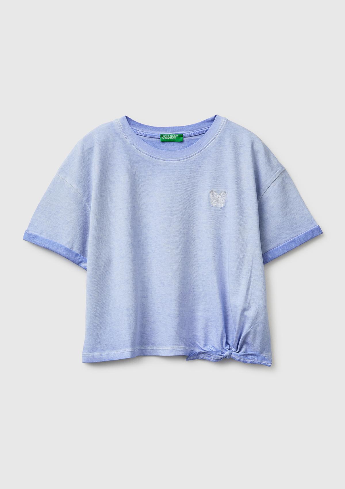 Kız Çocuk Mavi Etek Ucu Düğümlü Baskılı Boxy Fit Kısa Kollu T-Shirt
