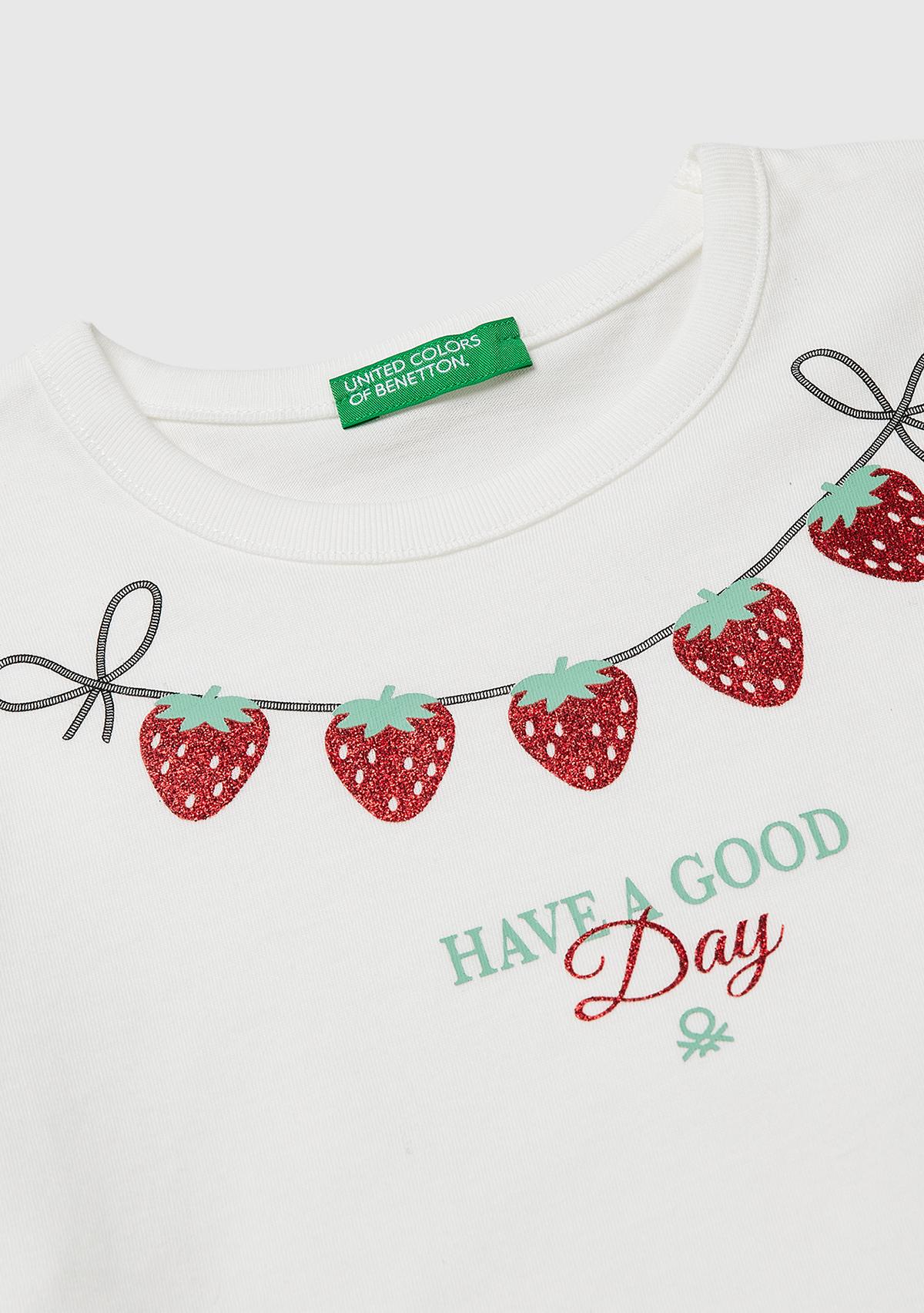 Kız Çocuk Beyaz Simli Grafik Baskılı Yuvarlak Yaka T-Shirt